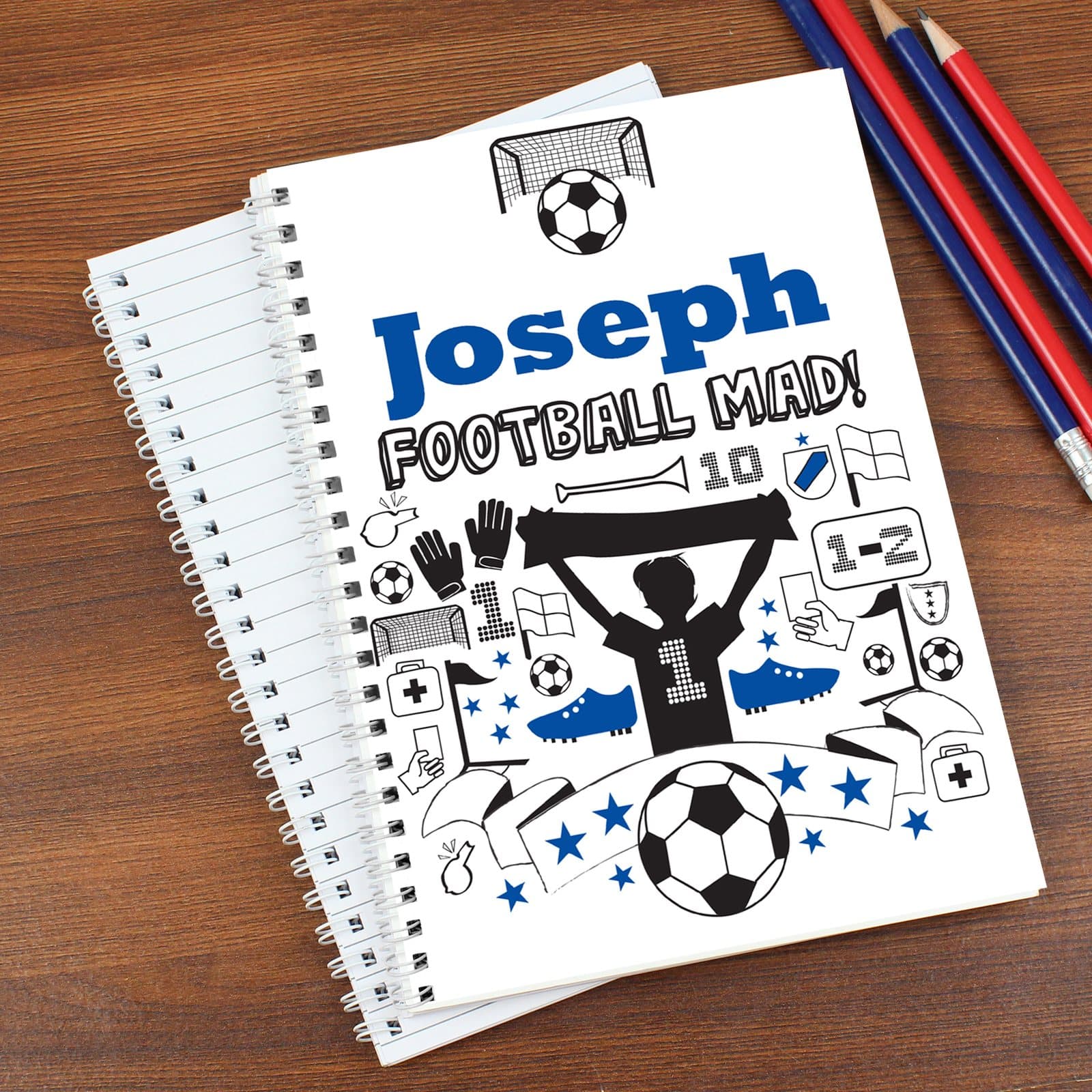 Personalised football A5 notebook with football icons and a first name