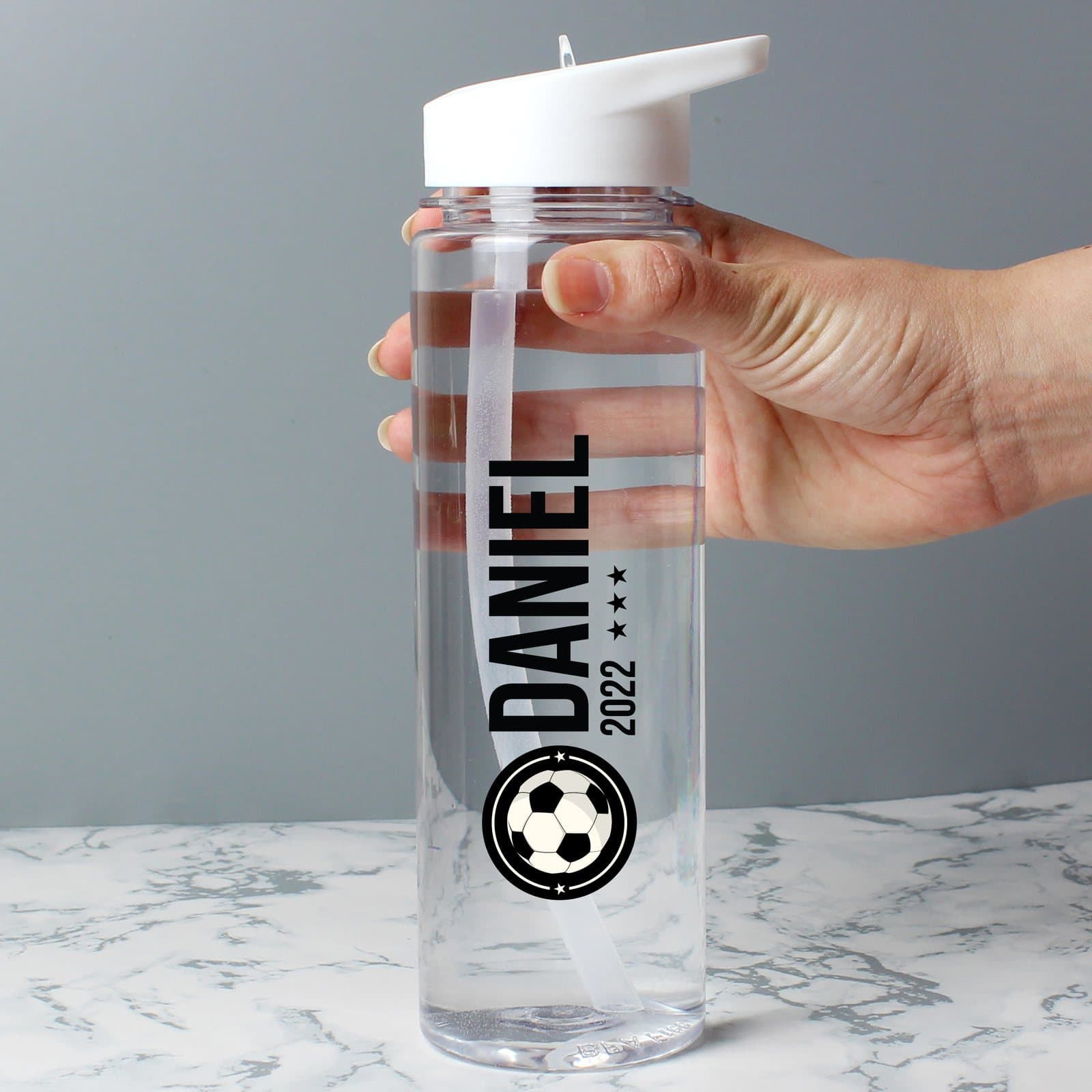 Personalised football badge water bottle with white lid and straw spout
