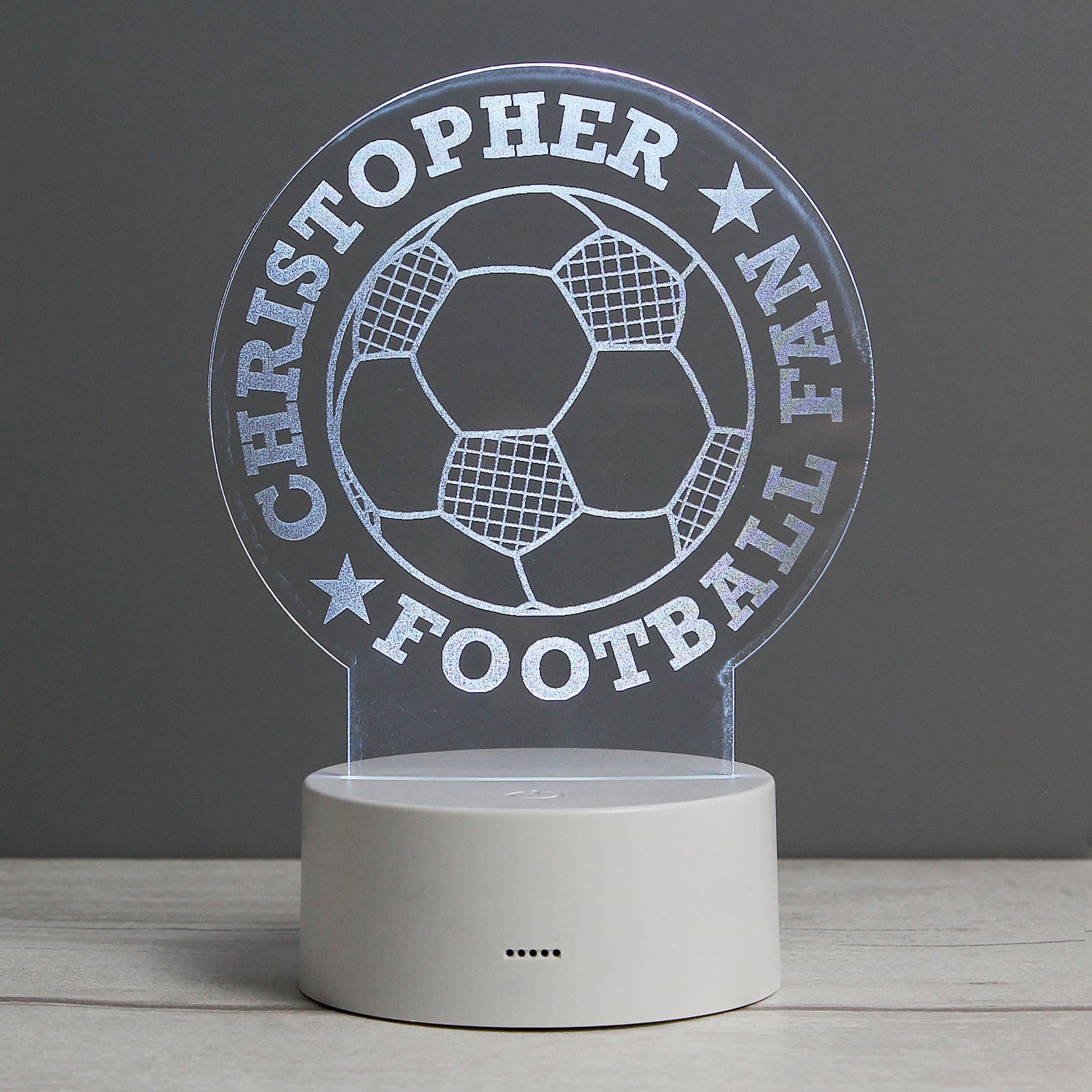 Personalised acrylic football LED night light on a base