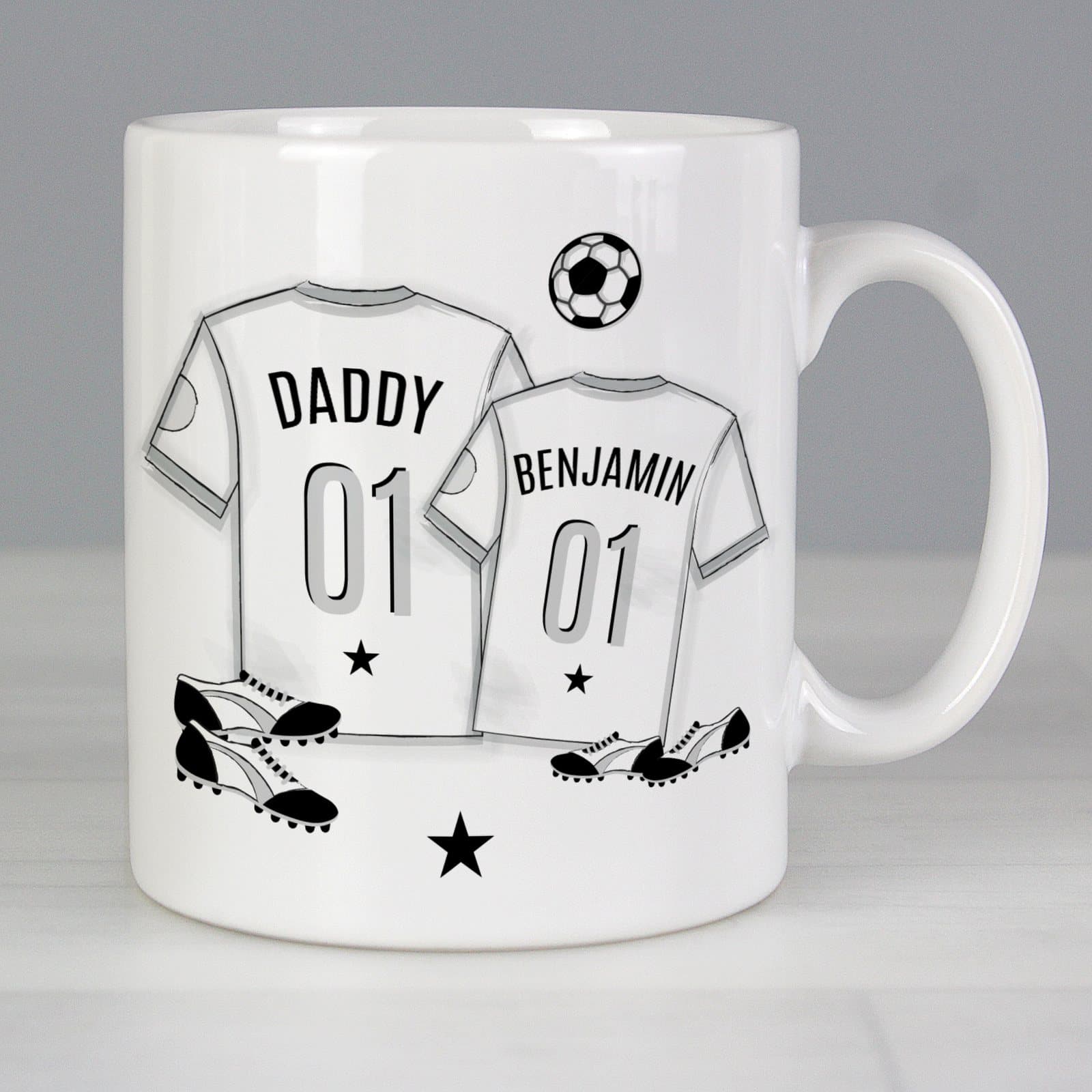 Personalised ceramic football mini me mug with a big name and a small name