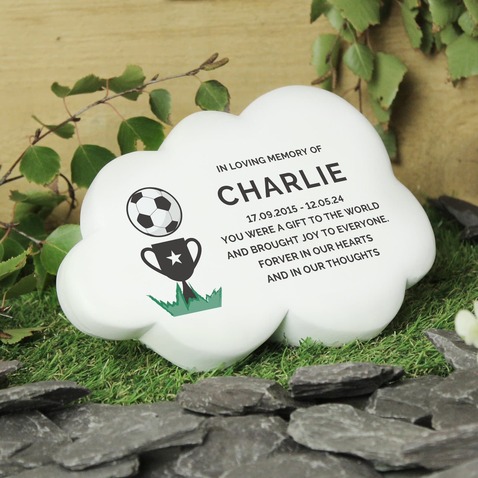 Resin memorial cloud with a football design and seven lines of personalised text