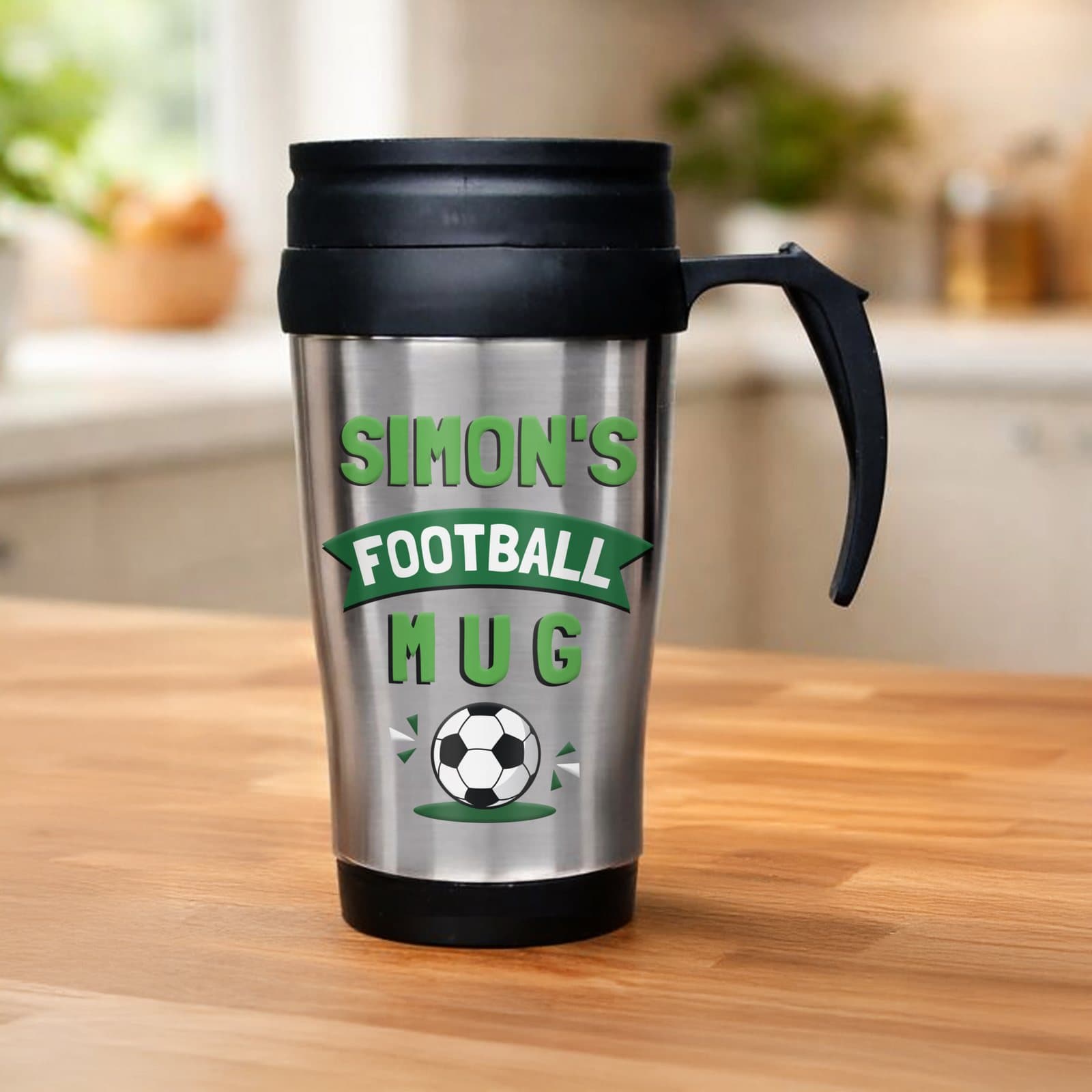 Stainless steel football thermal mug with sliding sip cover and handle