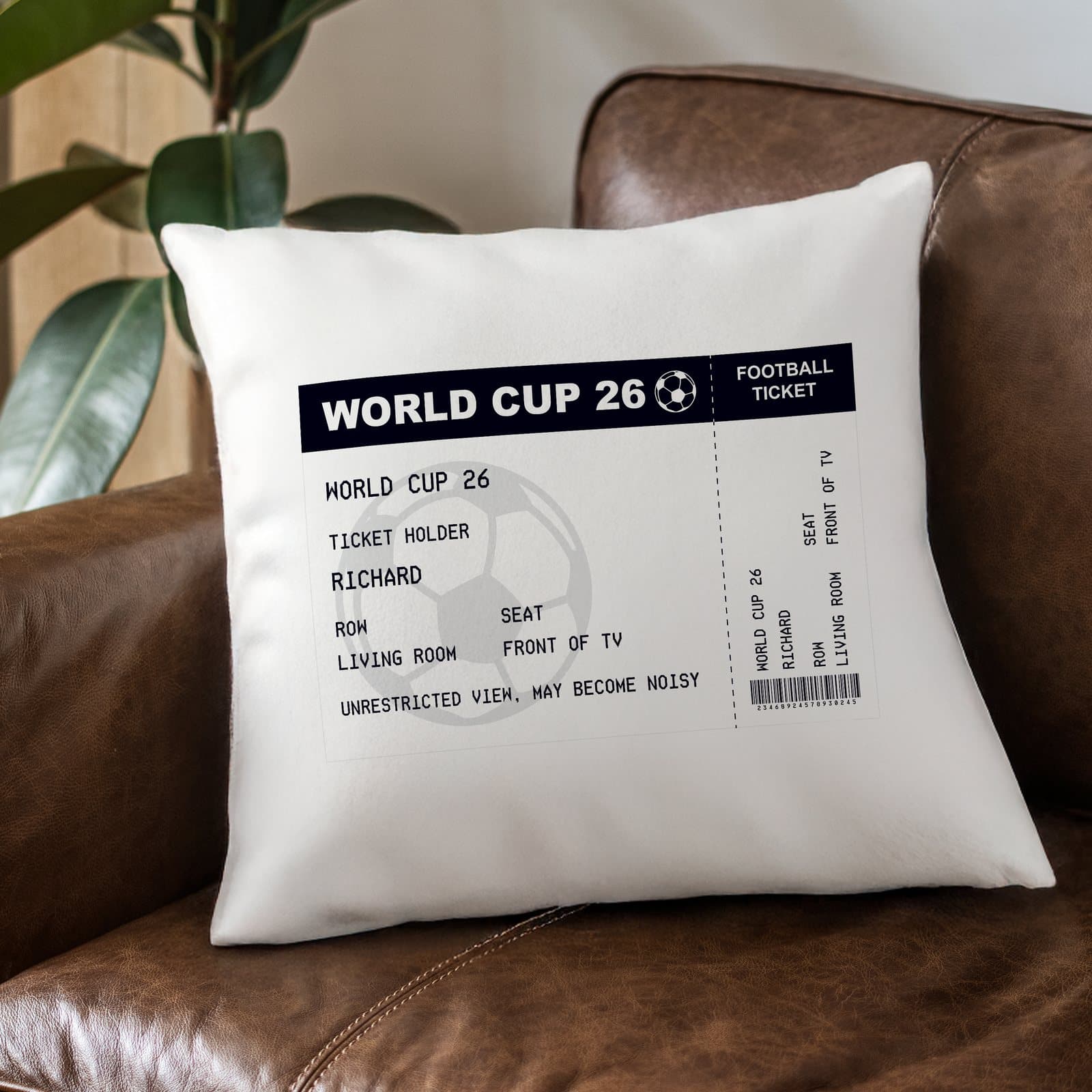 Football ticket cushion with personalised team name and message
