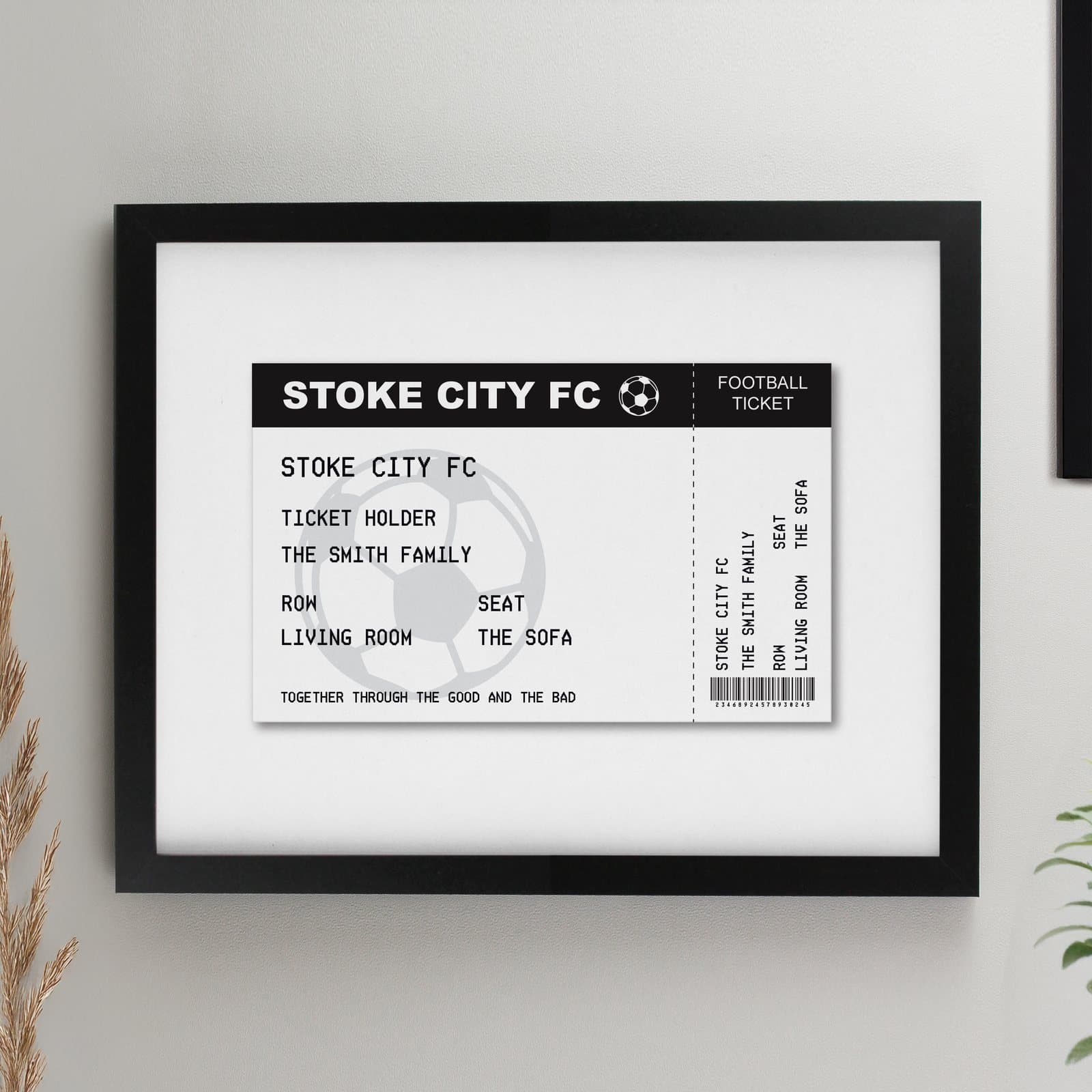 Personalised football ticket print in a large black or white poster frame