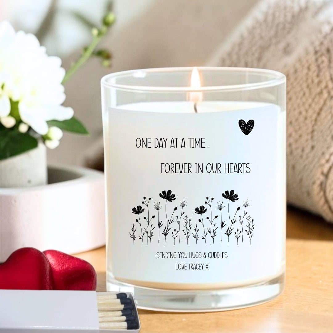 Forever in Our Hearts candle gift set with 4 chocolate hearts and a box of matches