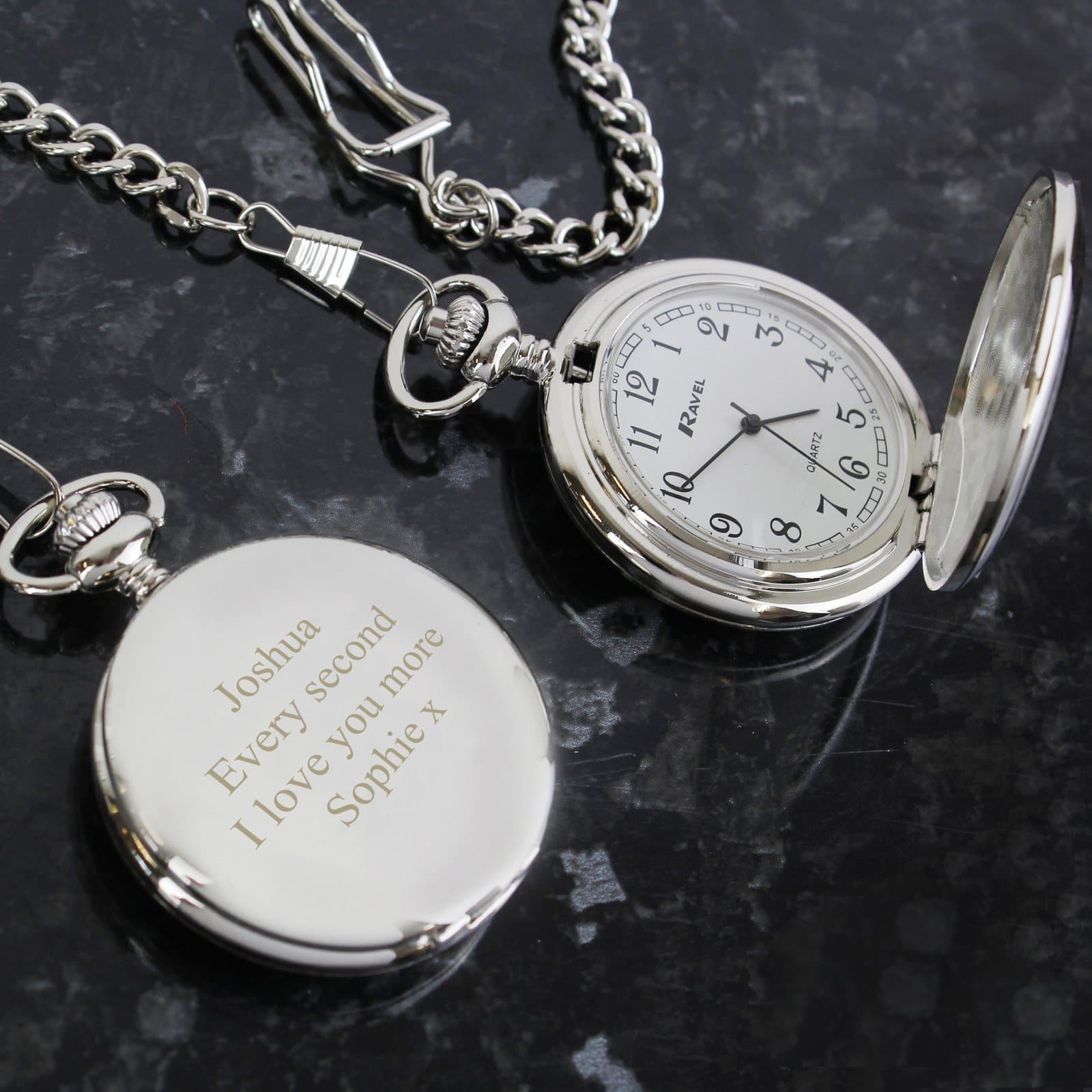 Chrome plated pocket fob watch with a chain and personalised text on the front