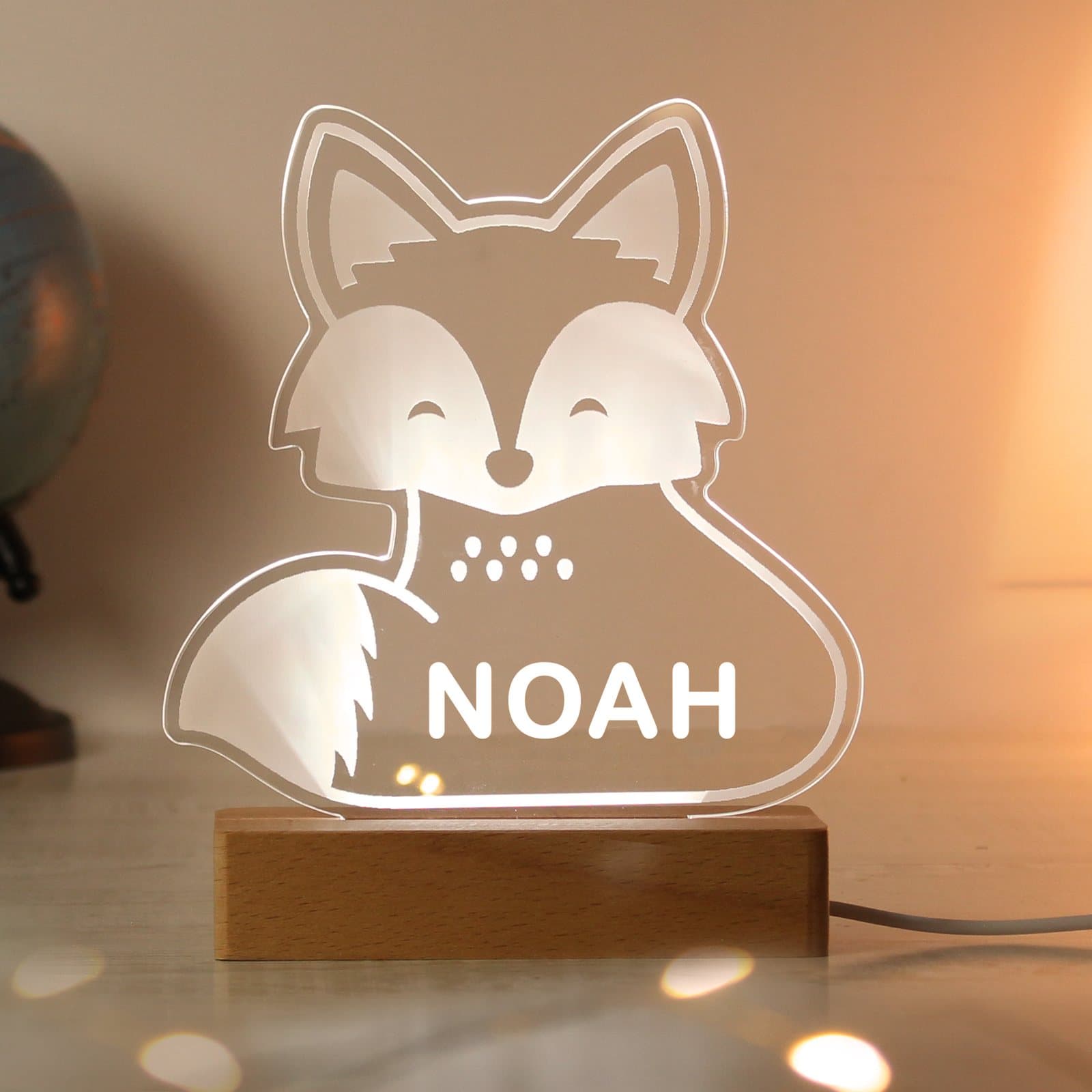 Personalised fox LED light sign on a wooden base
