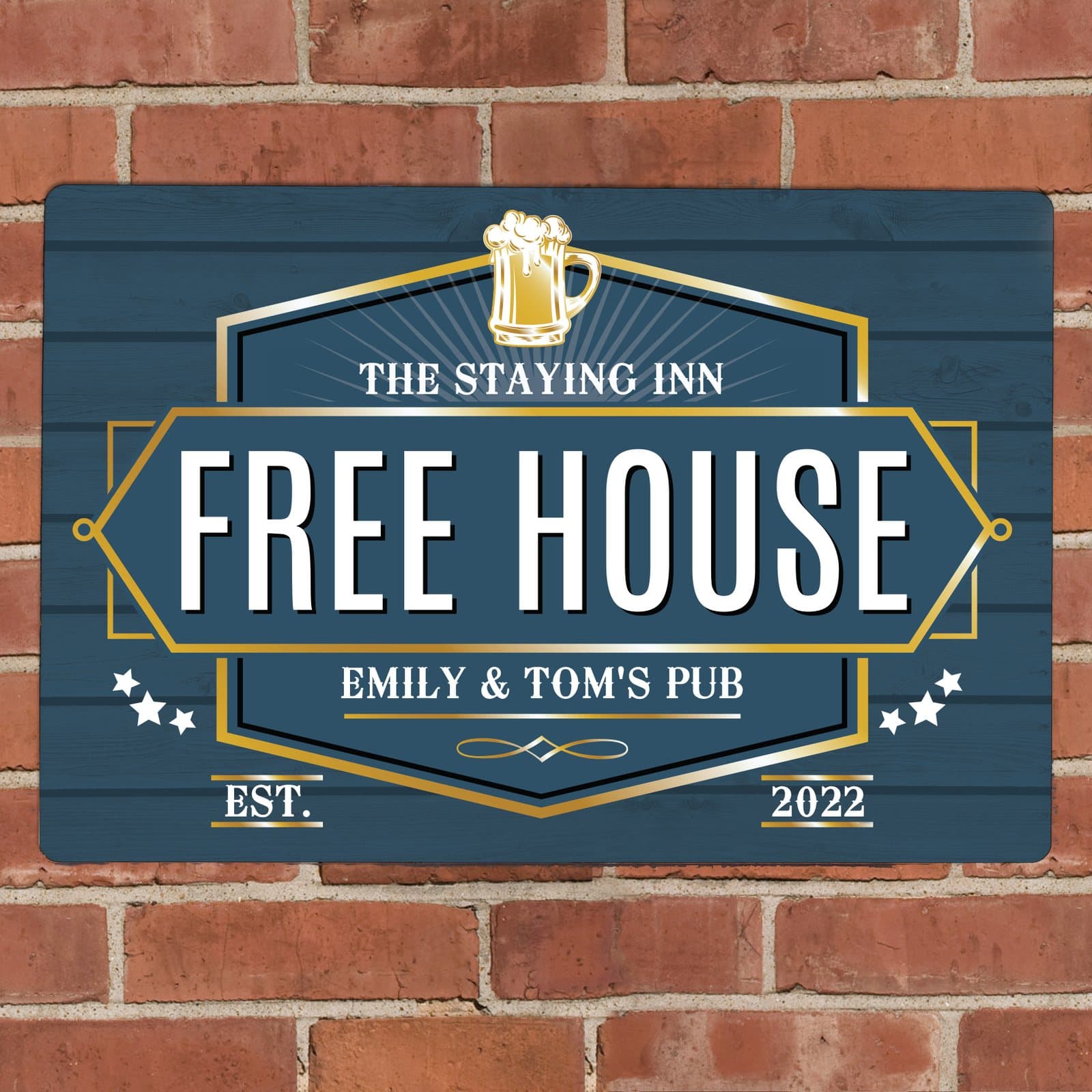 Free House metal sign with personalised lines and an EST. year