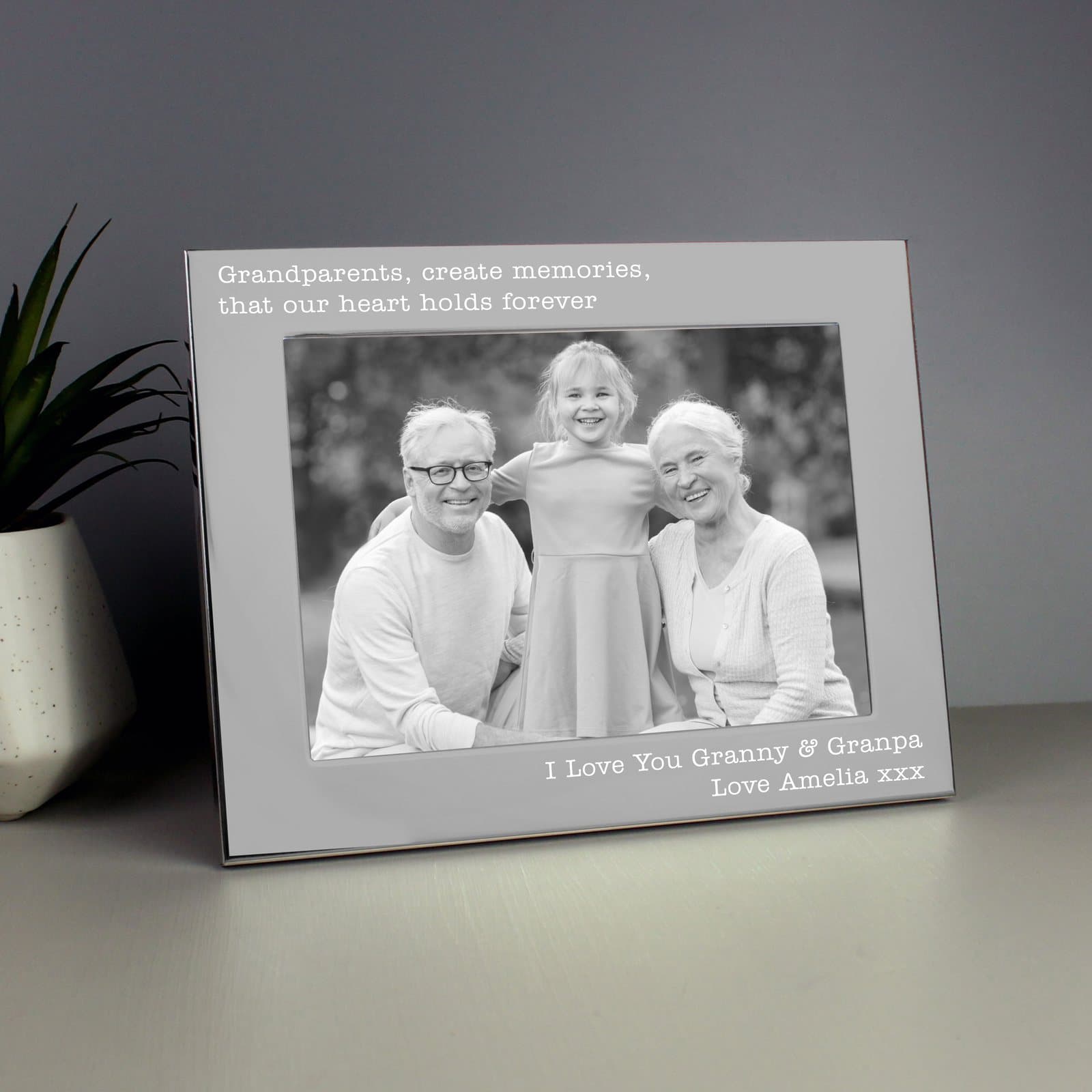 Silver landscape photo frame with four lines of personalised text