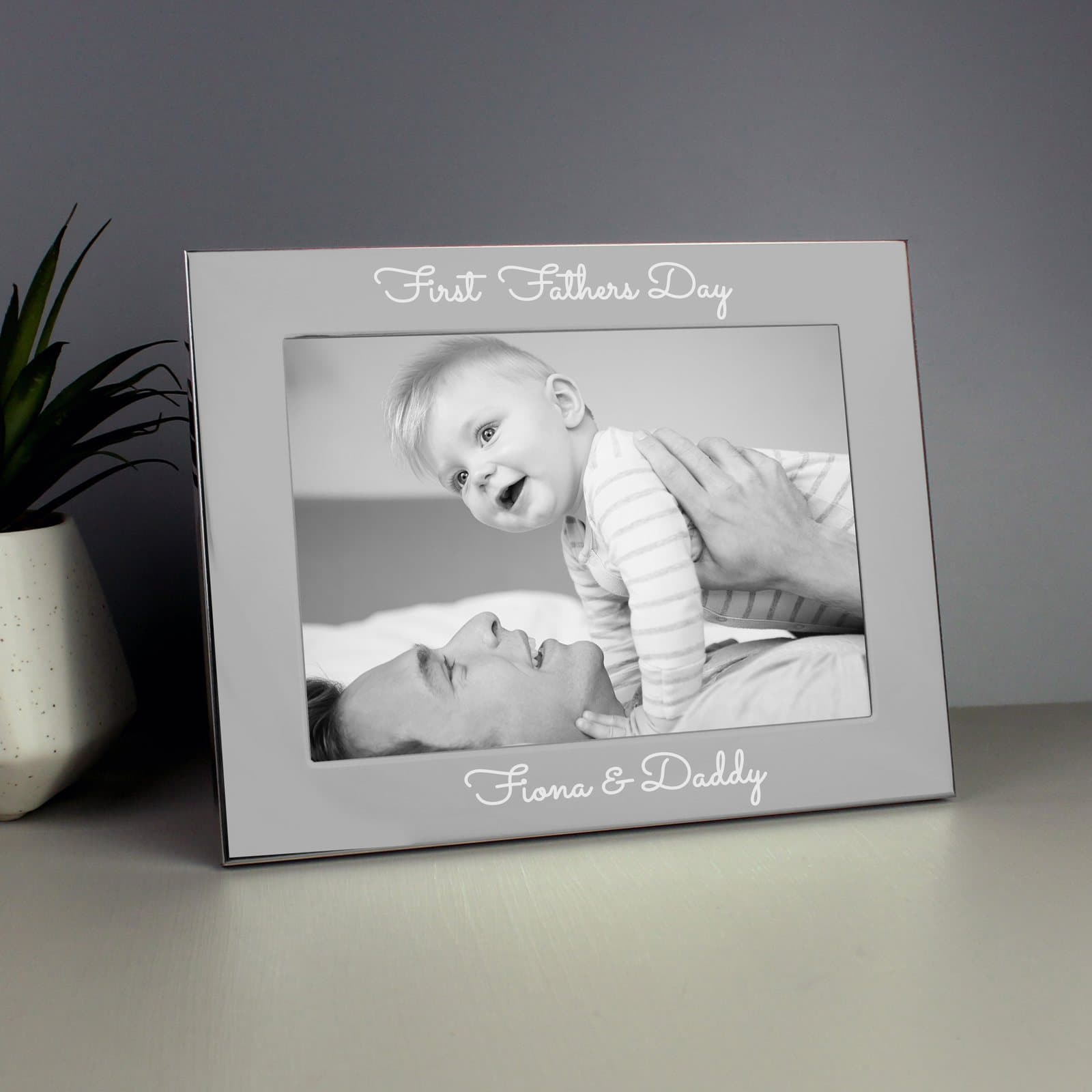 Silver photo frame with two lines of personalised text