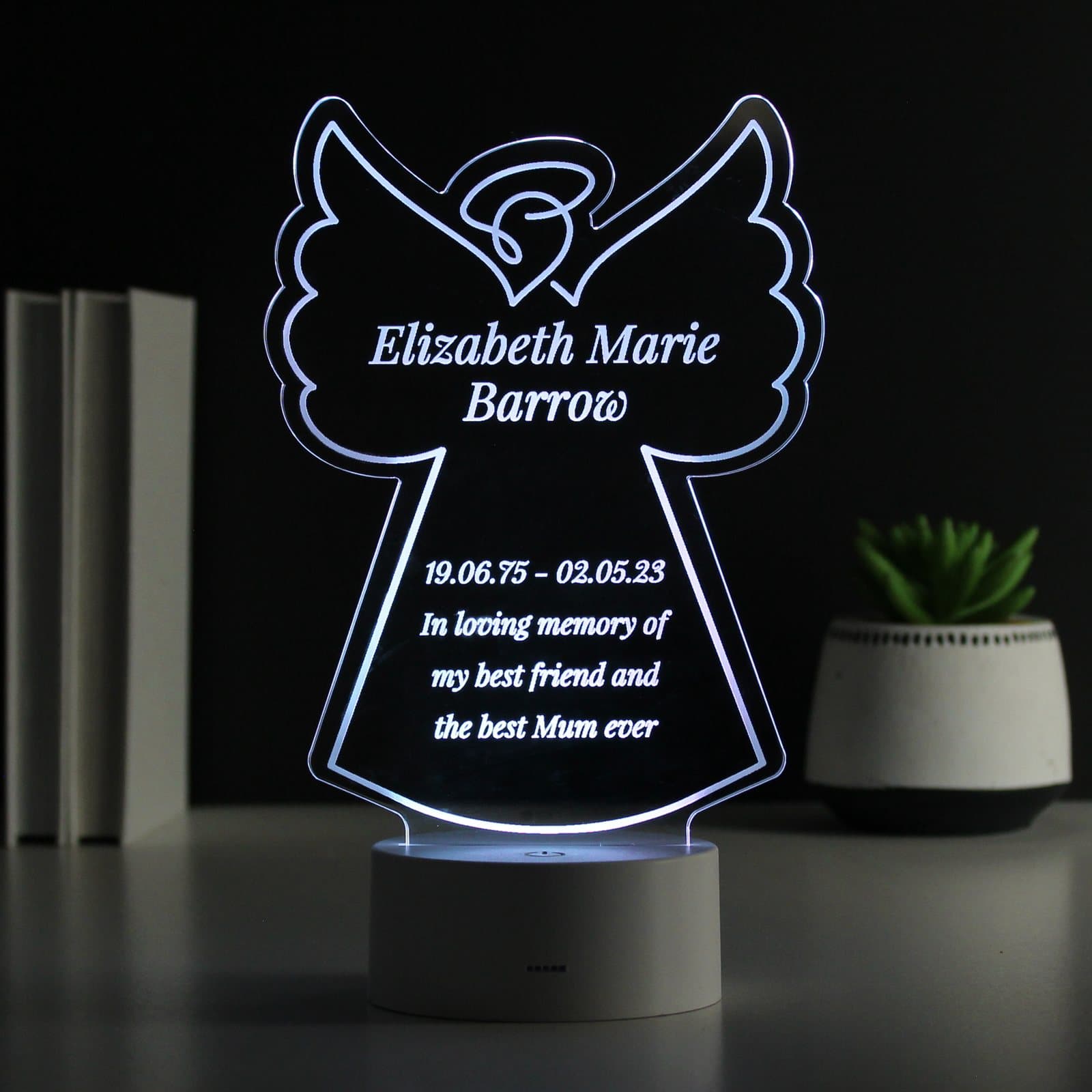 Angel memorial LED light with personalised text