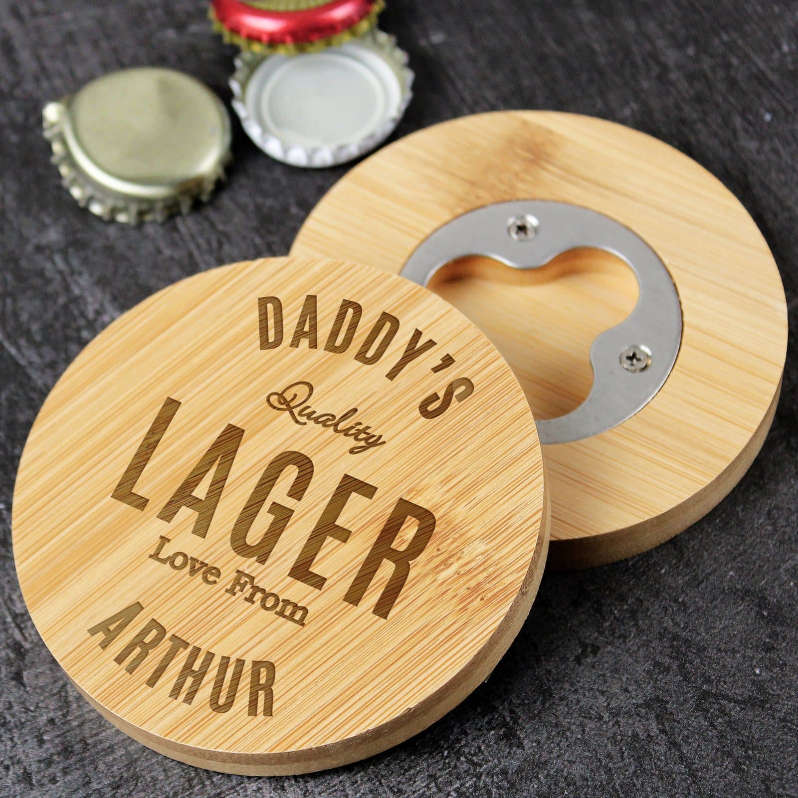 Bamboo coaster with built-in bottle opener and personalised text