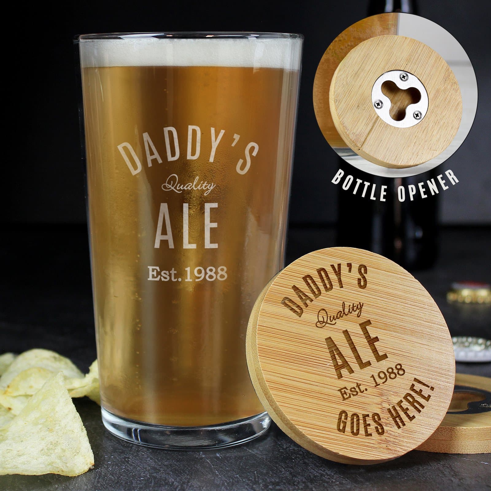 Bamboo bottle opener coaster with a personalised pint glass