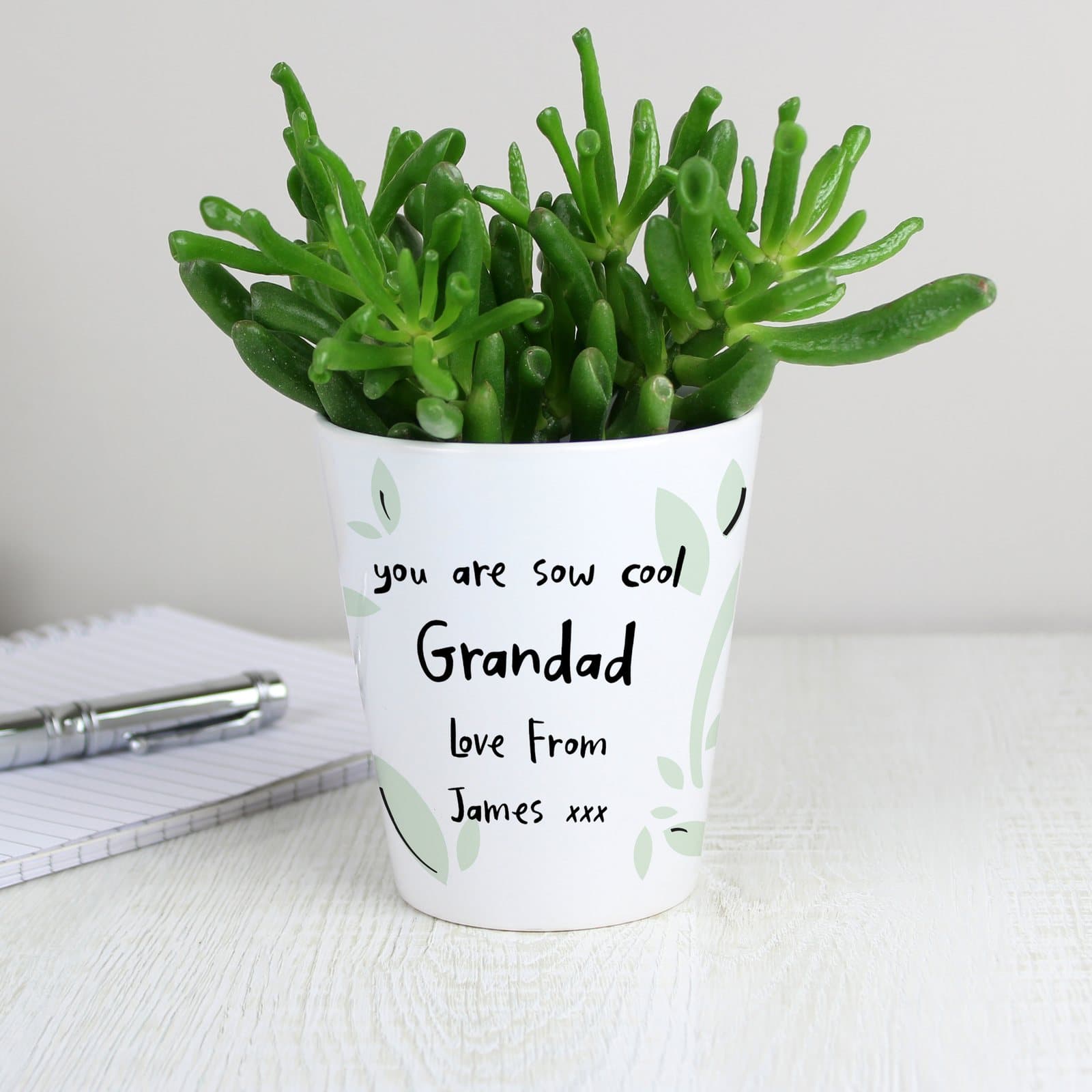 Personalised ceramic plant pot with a leaf pattern and lines of text