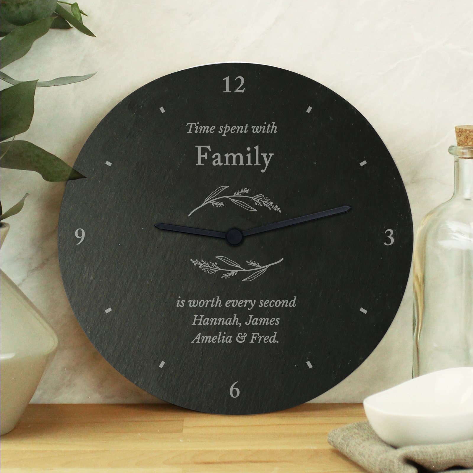 Rustic botanical slate clock with personalised lines of text