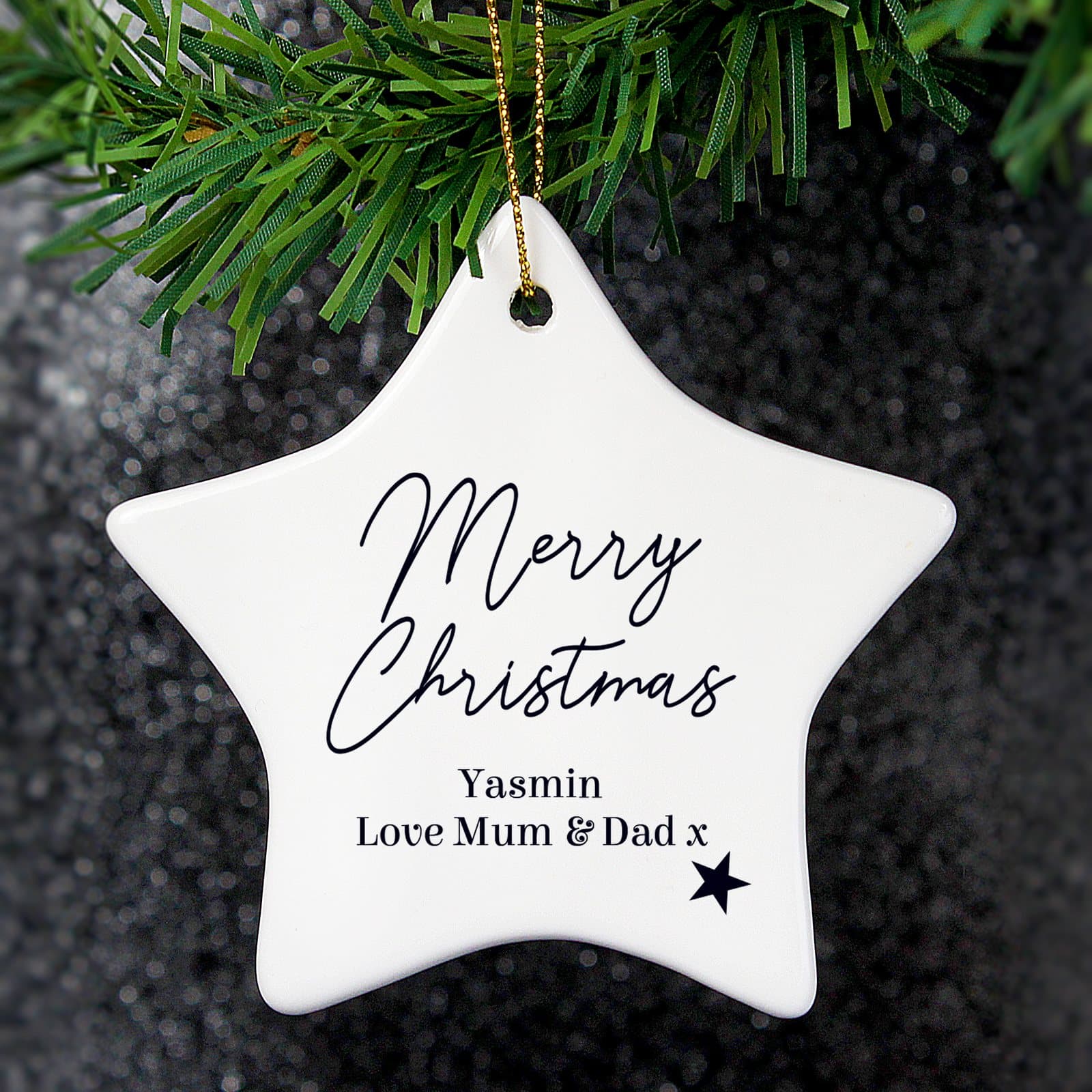Personalised ceramic star Christmas tree decoration with ribbon