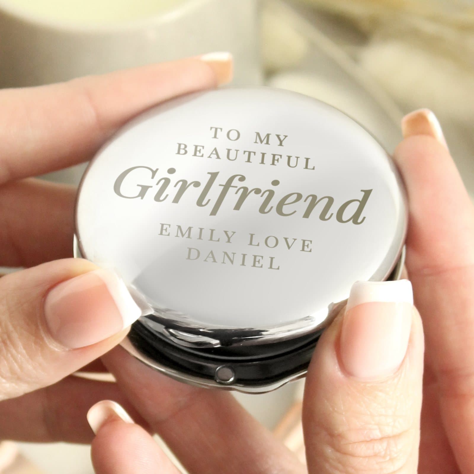 Small compact mirror with personalised name and message lines