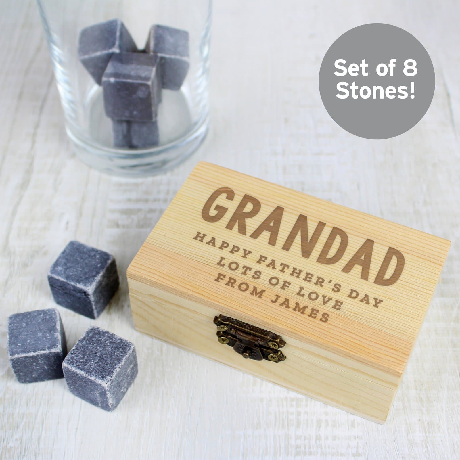 Cooling stones in a wooden clasp locked box with personalised text