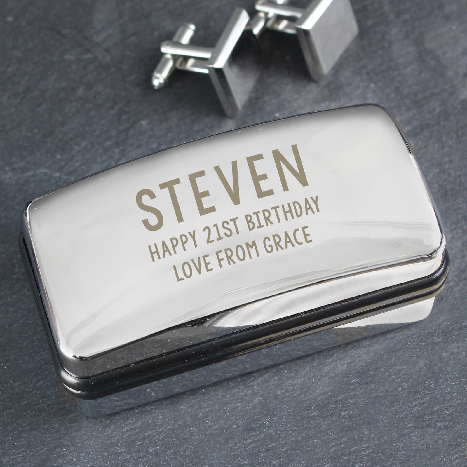 Chrome plated cufflink box lined with flock and silk style fabrics