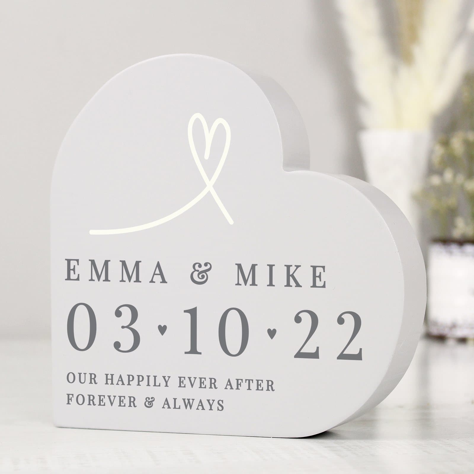 Grey painted wooden free standing heart ornament with personalised text