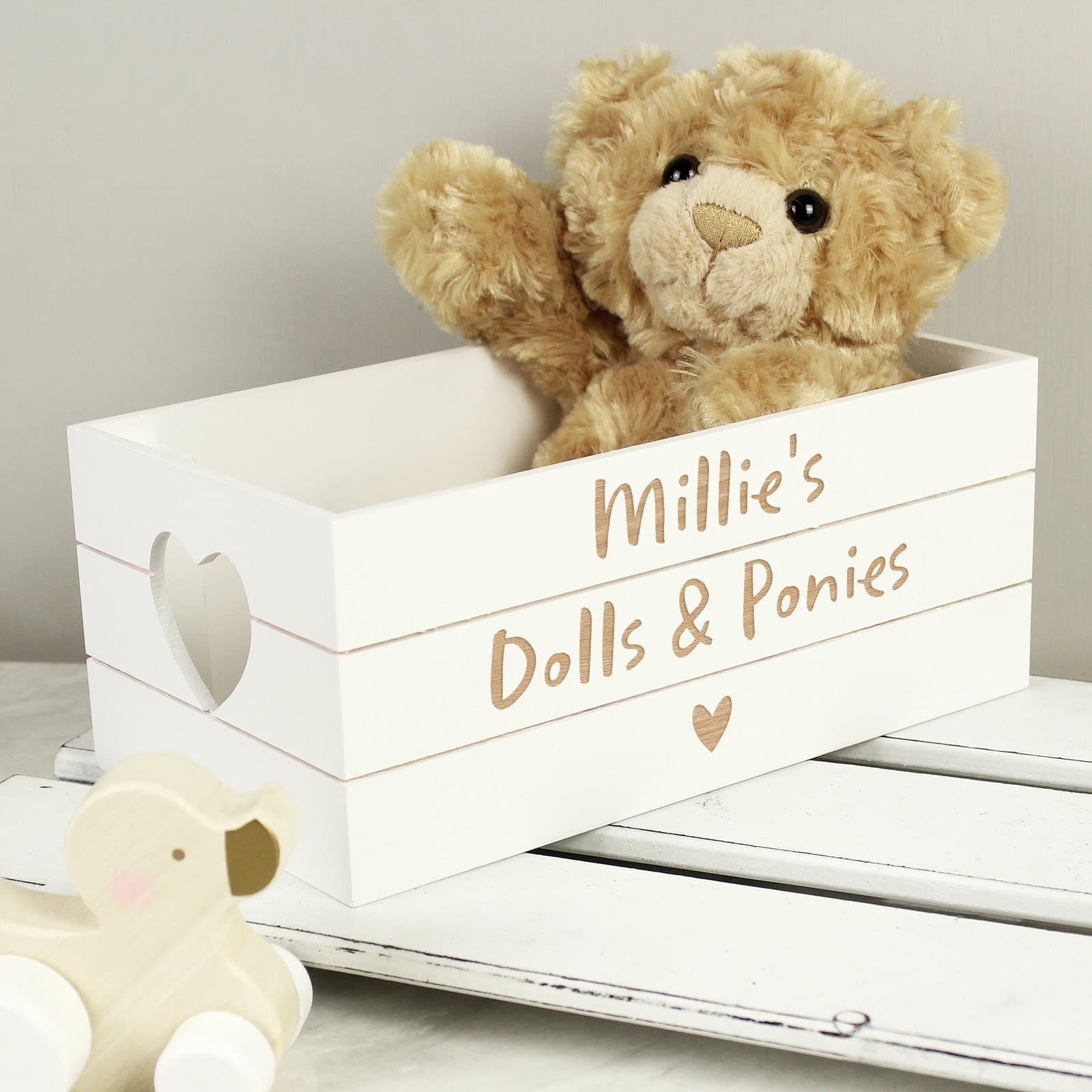 White reclaimed wood crate with heart shaped handles and two lines of text