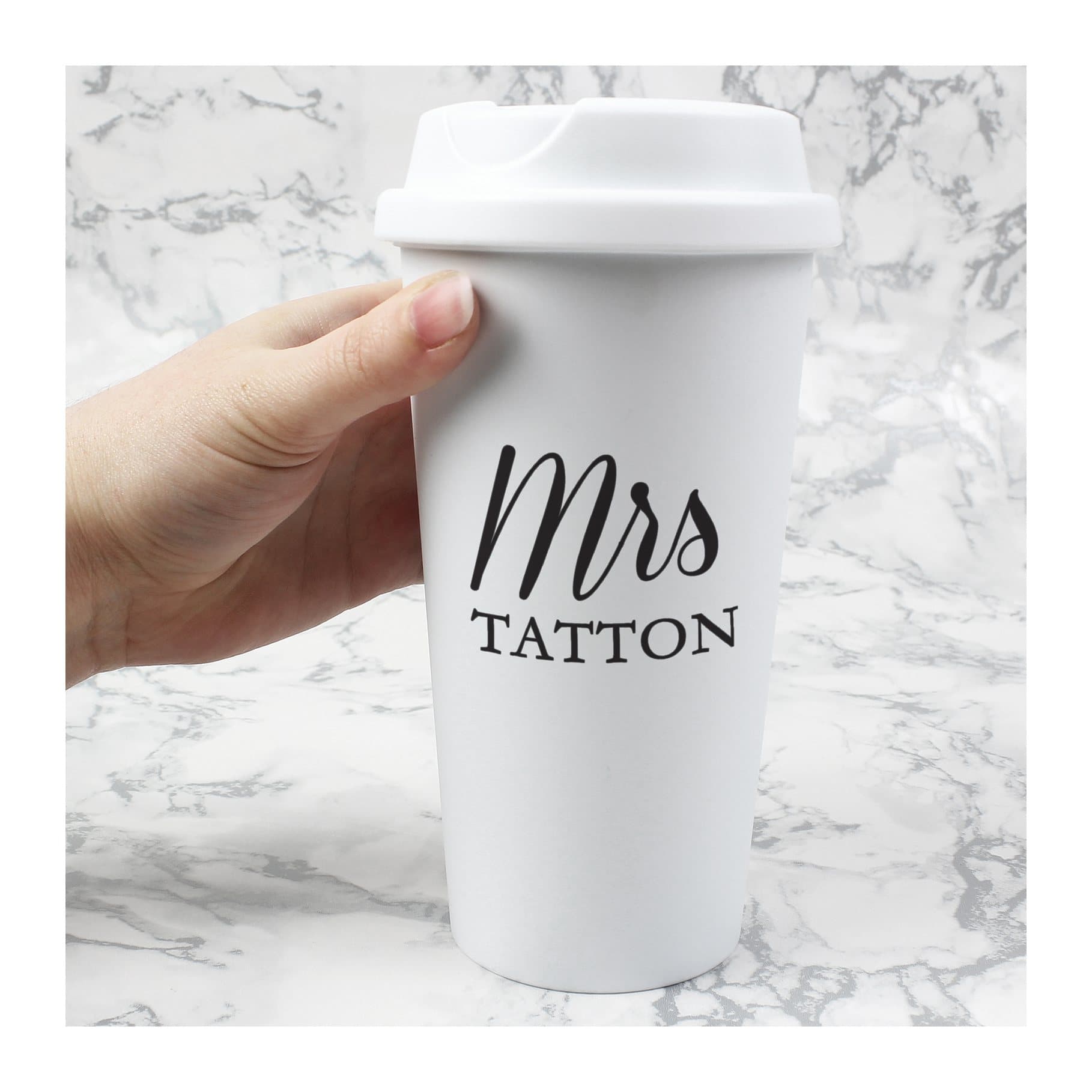 Personalised insulated plastic travel cup with screw-on lid
