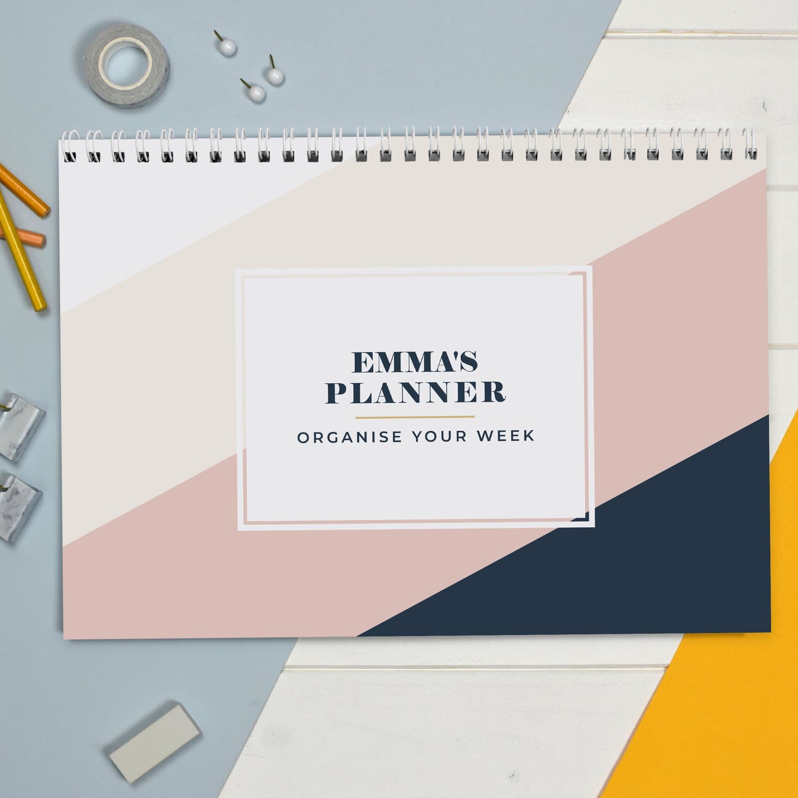 Personalised navy and blush A4 desk planner with a name before Planner