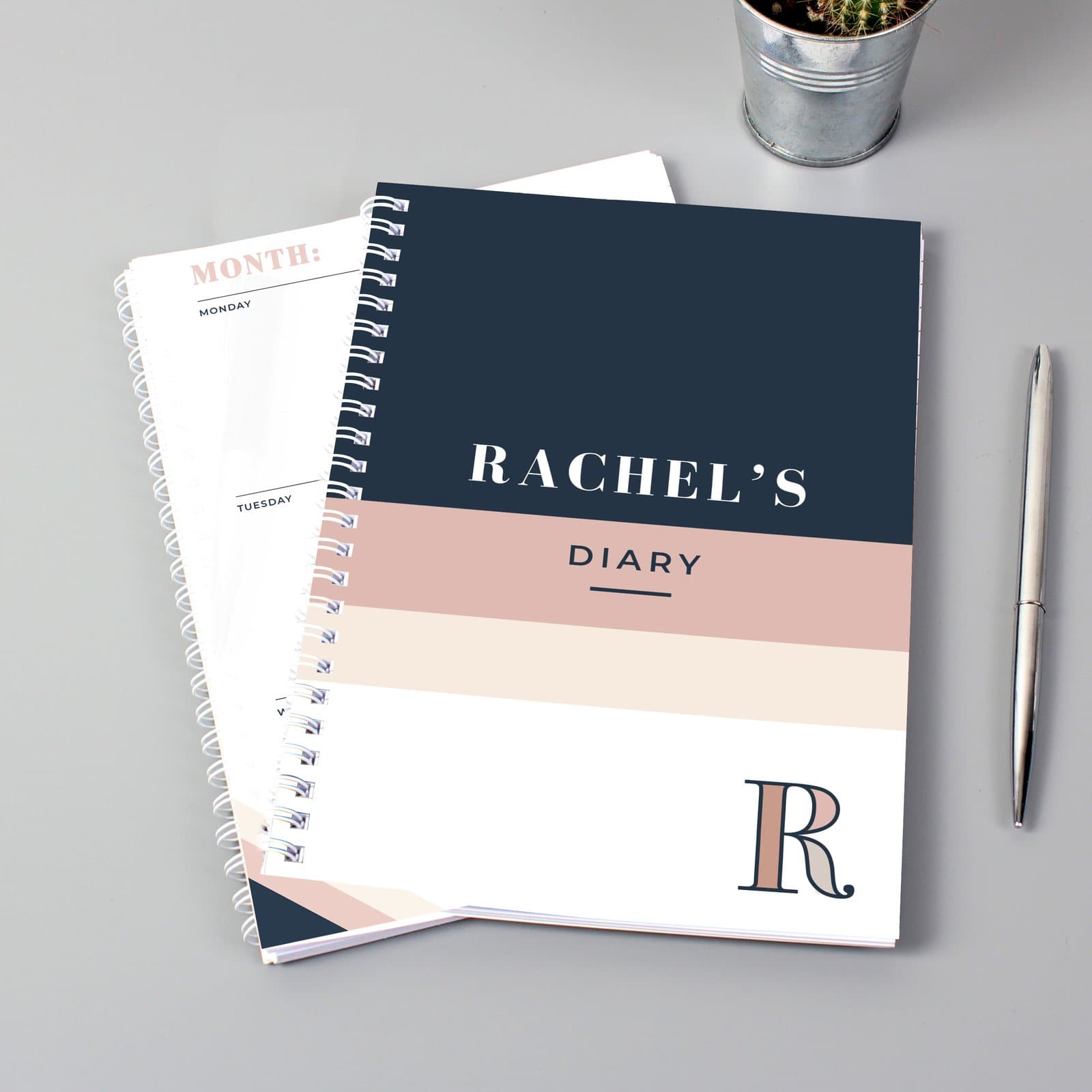 Personalised navy and blush A5 diary with a name before Diary