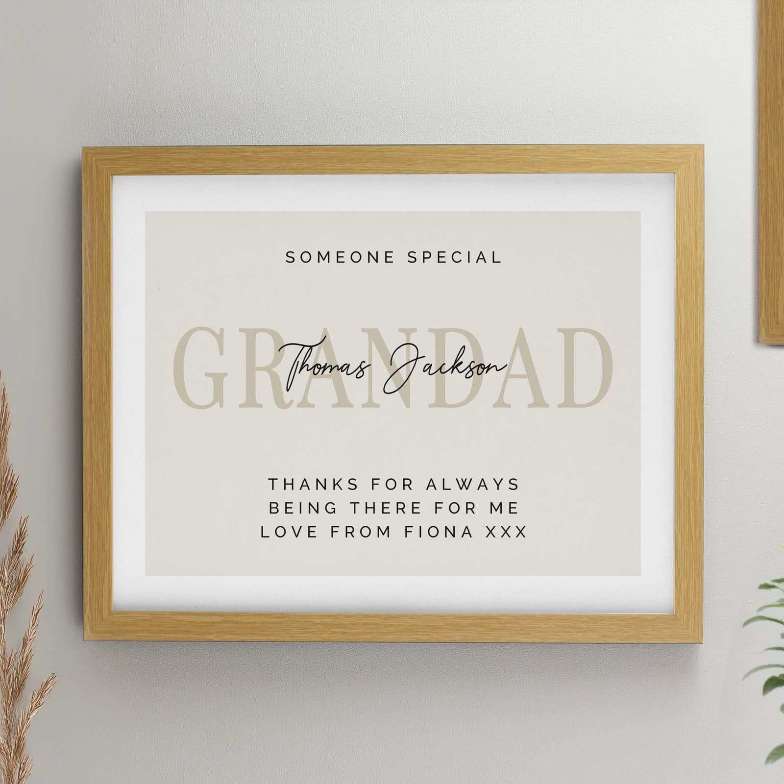 Personalised print mounted and framed in a large oak frame