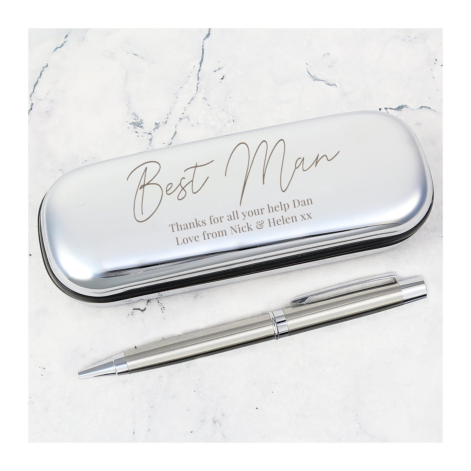 Chrome plated ball point pen with a lined box that can be engraved