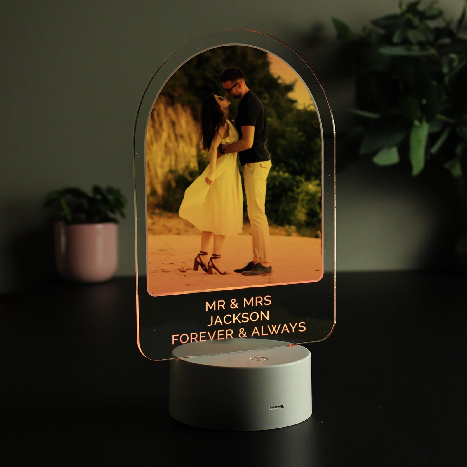 Colour changing LED light with an acrylic sign showing a photo and message
