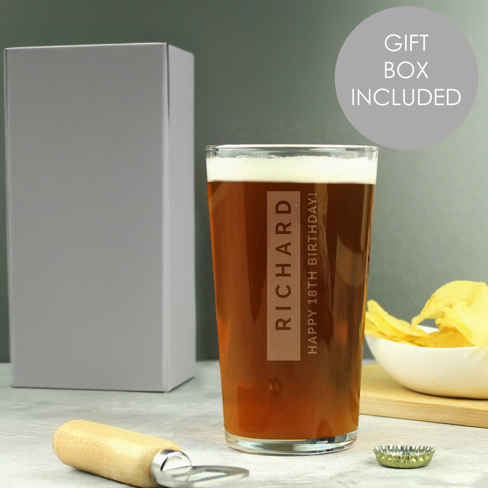 Pint glass with two lines of personalised text