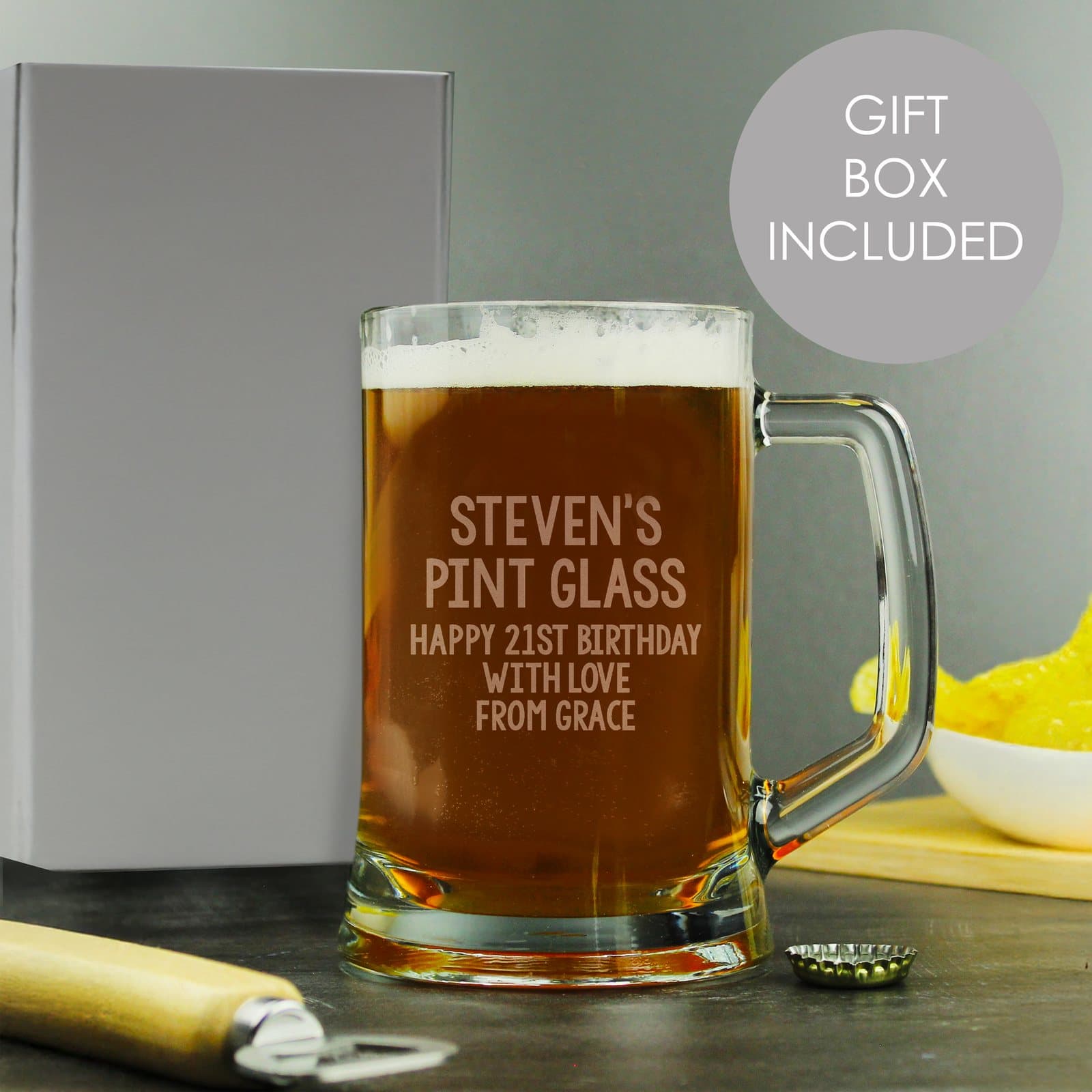 Personalised glass pint stern tankard with five lines of text