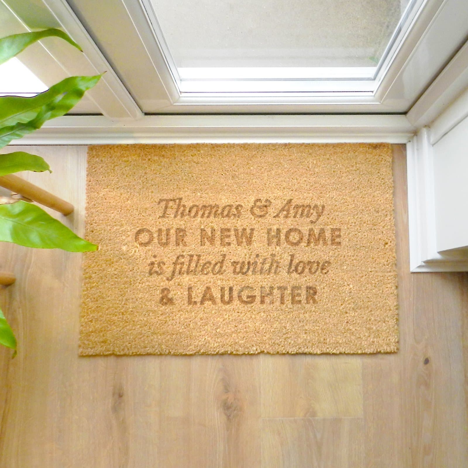 Rectangle coir indoor doormat with four lines of personalised text