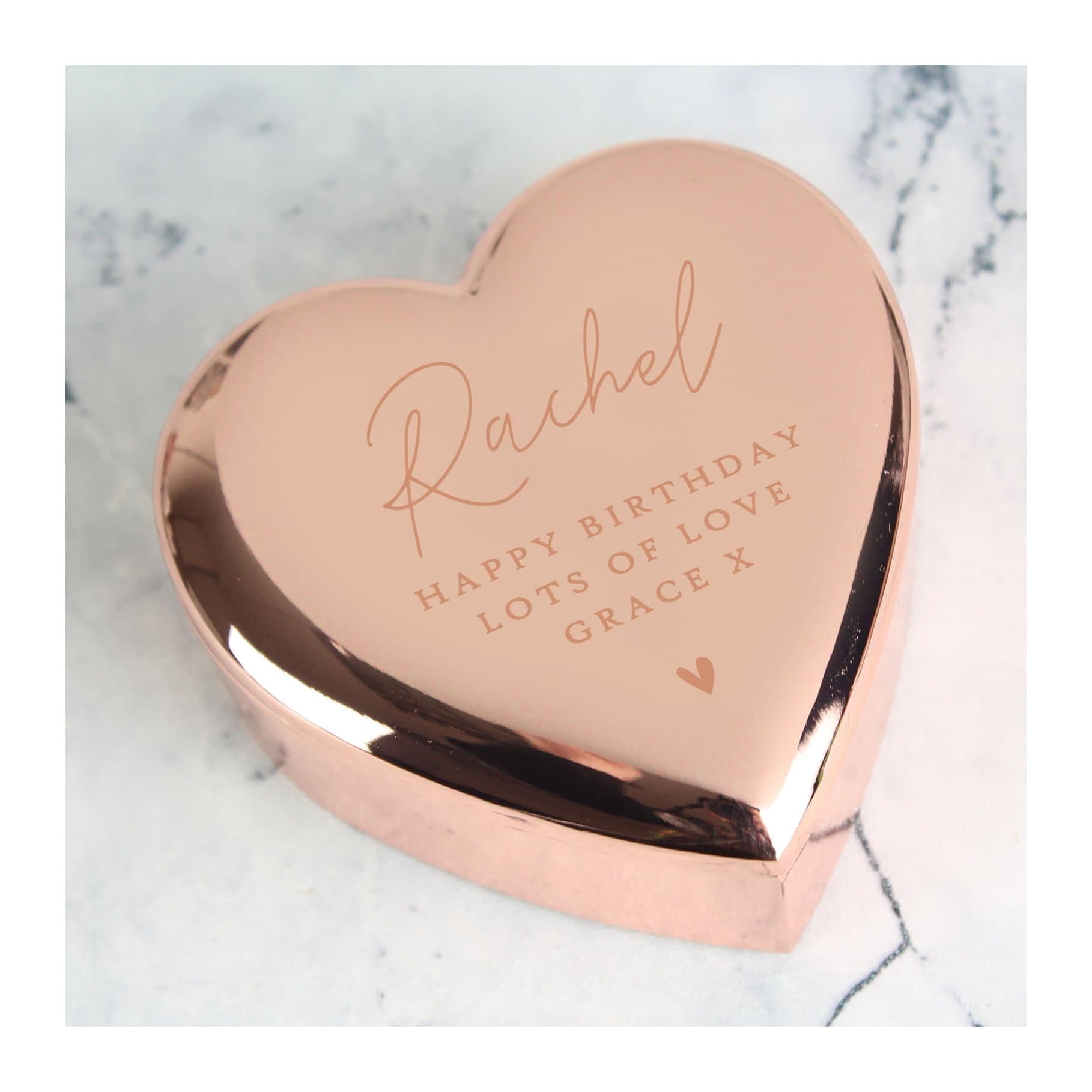 Rose gold heart trinket box personalised with a name and message