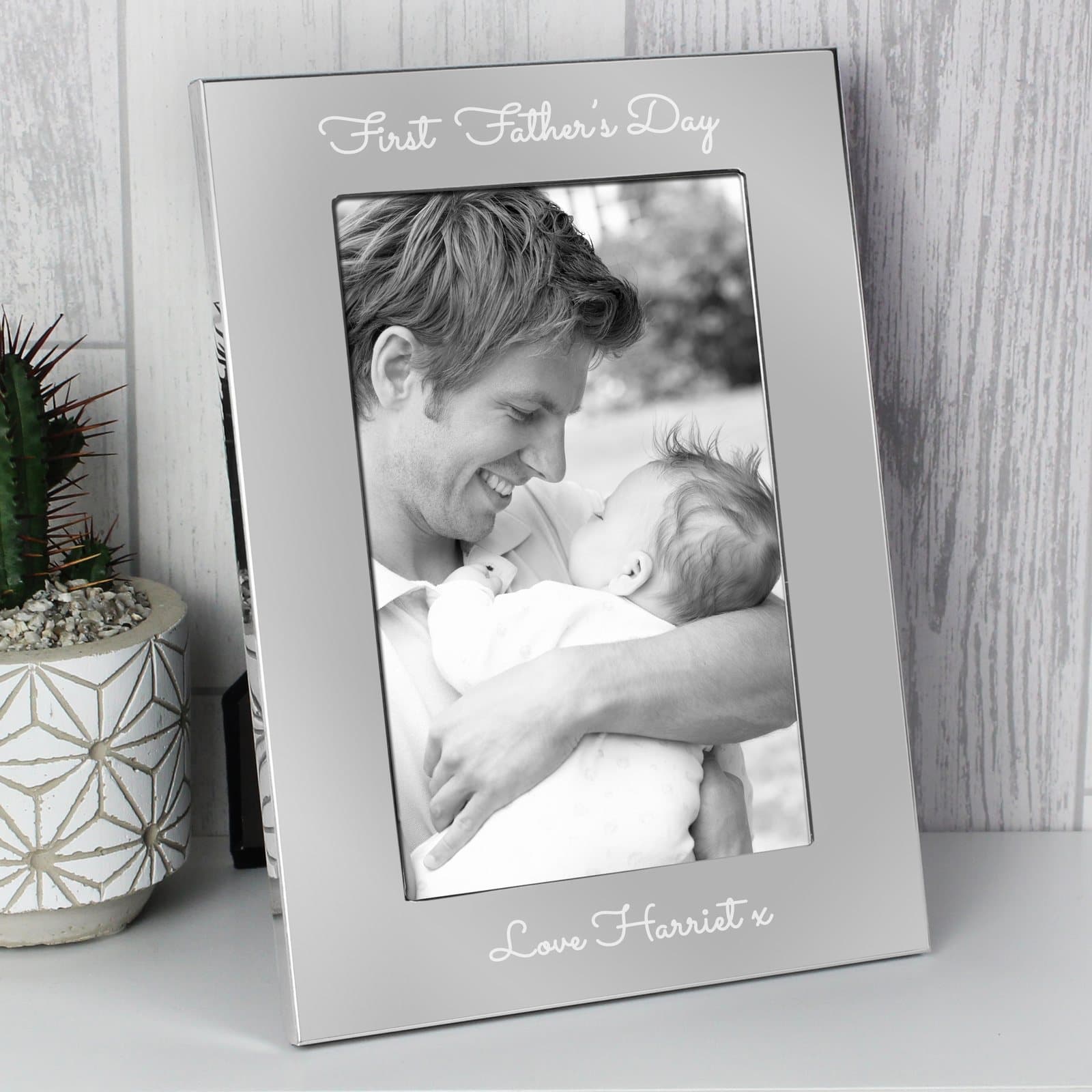 Silver aluminium 7 x 5 photo frame with two personalised lines of text