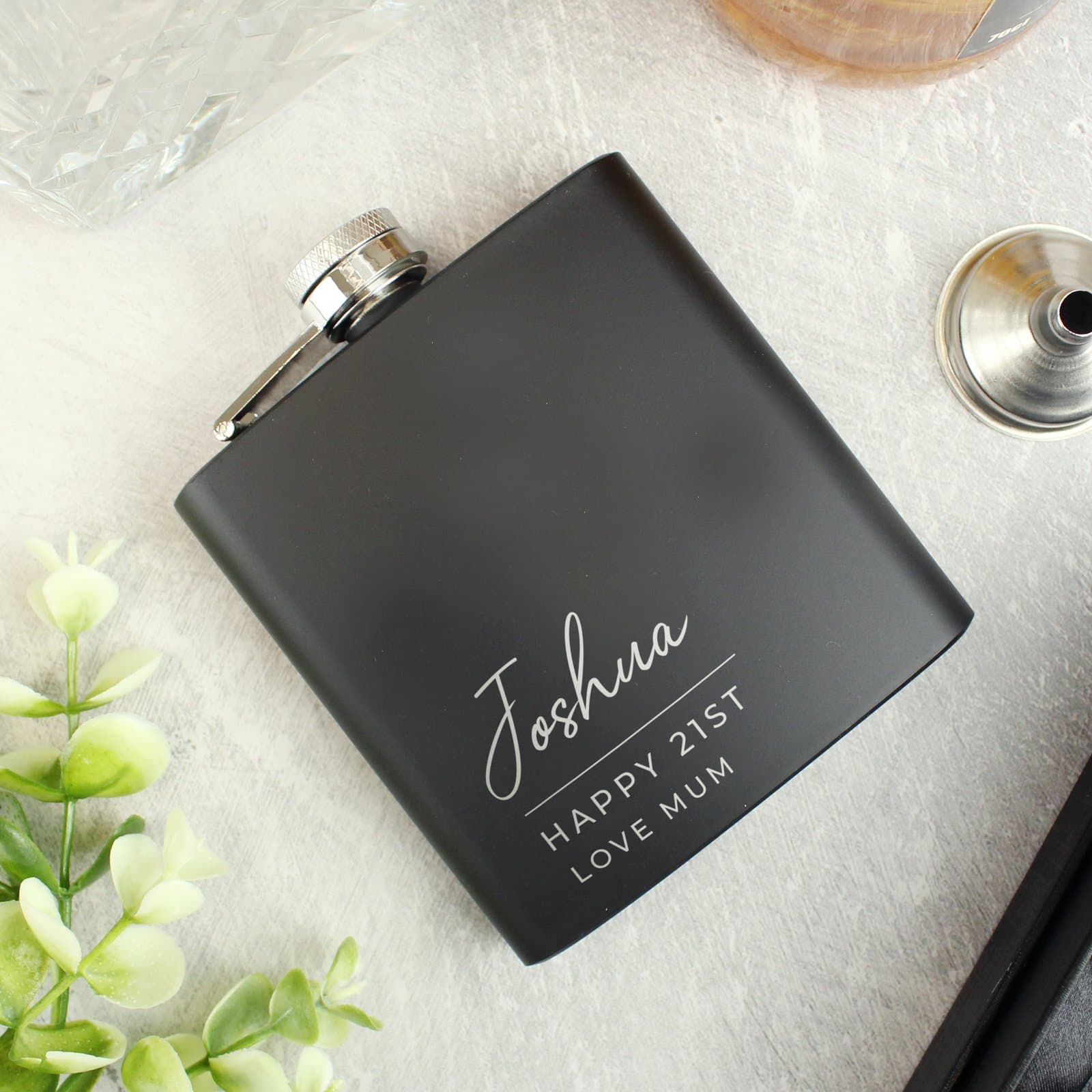 Personalised black stainless steel hip flask with a silk lined box