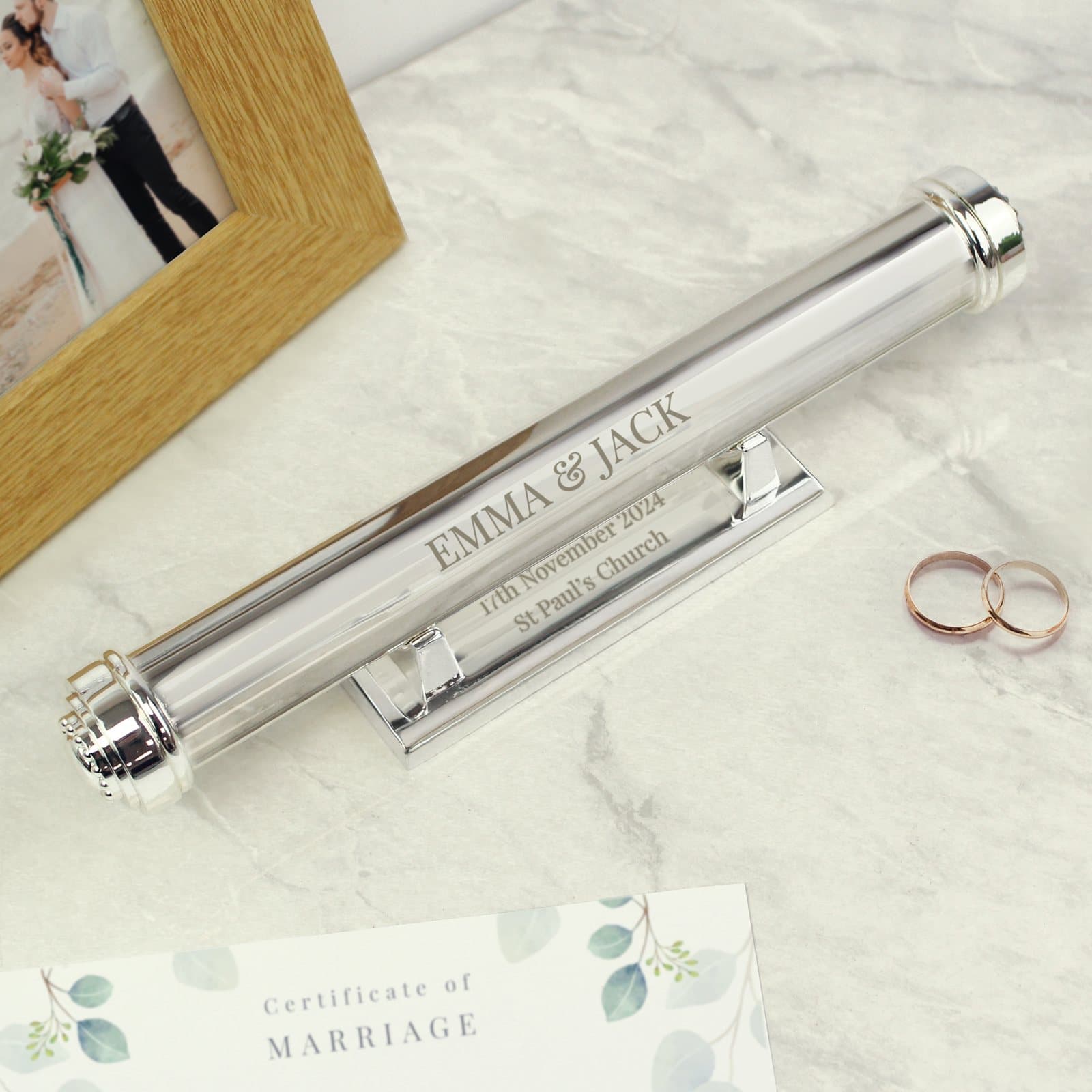 Silver plated certificate holder with a personalised name and base message