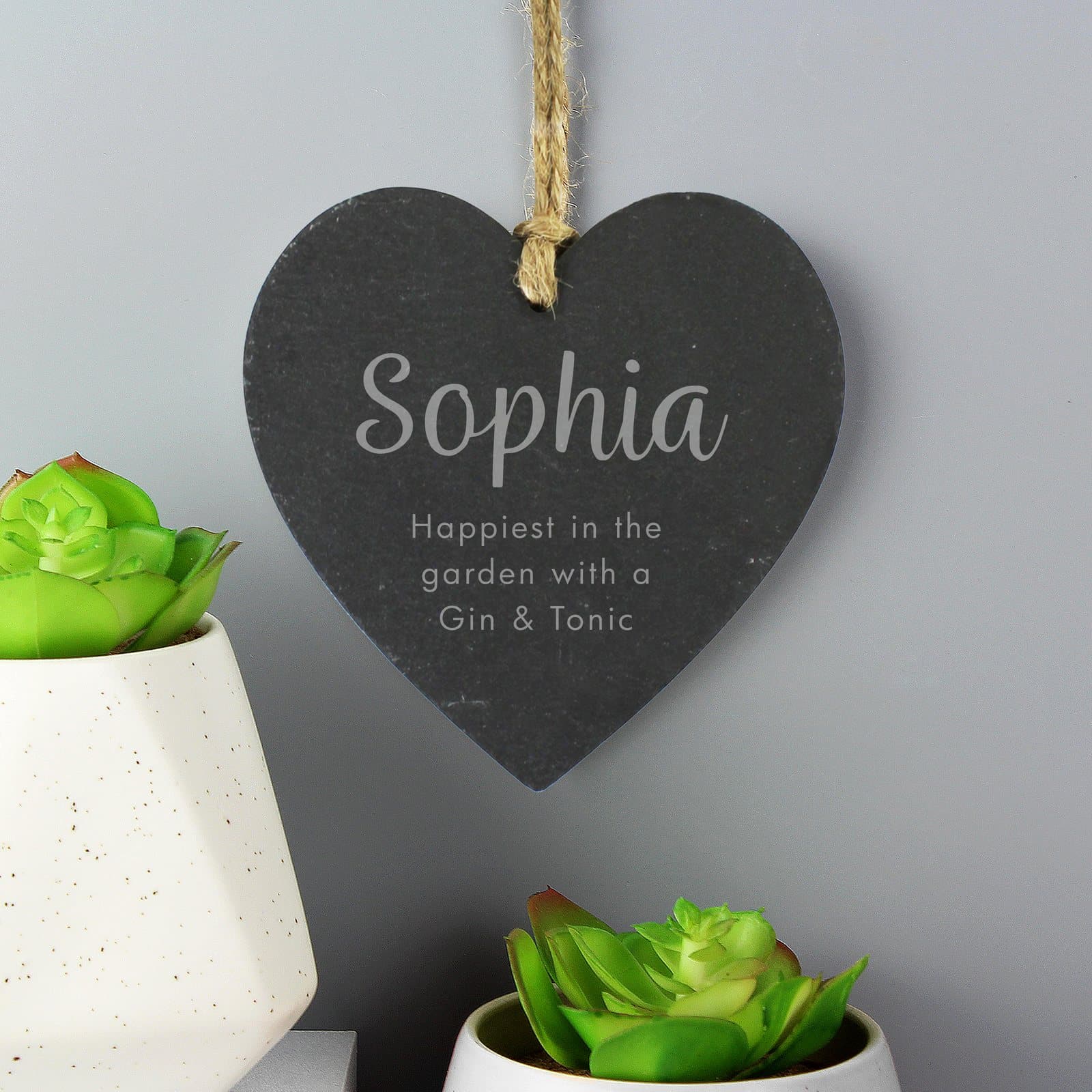Heart-shaped slate decoration with a name and three lines of personalised text