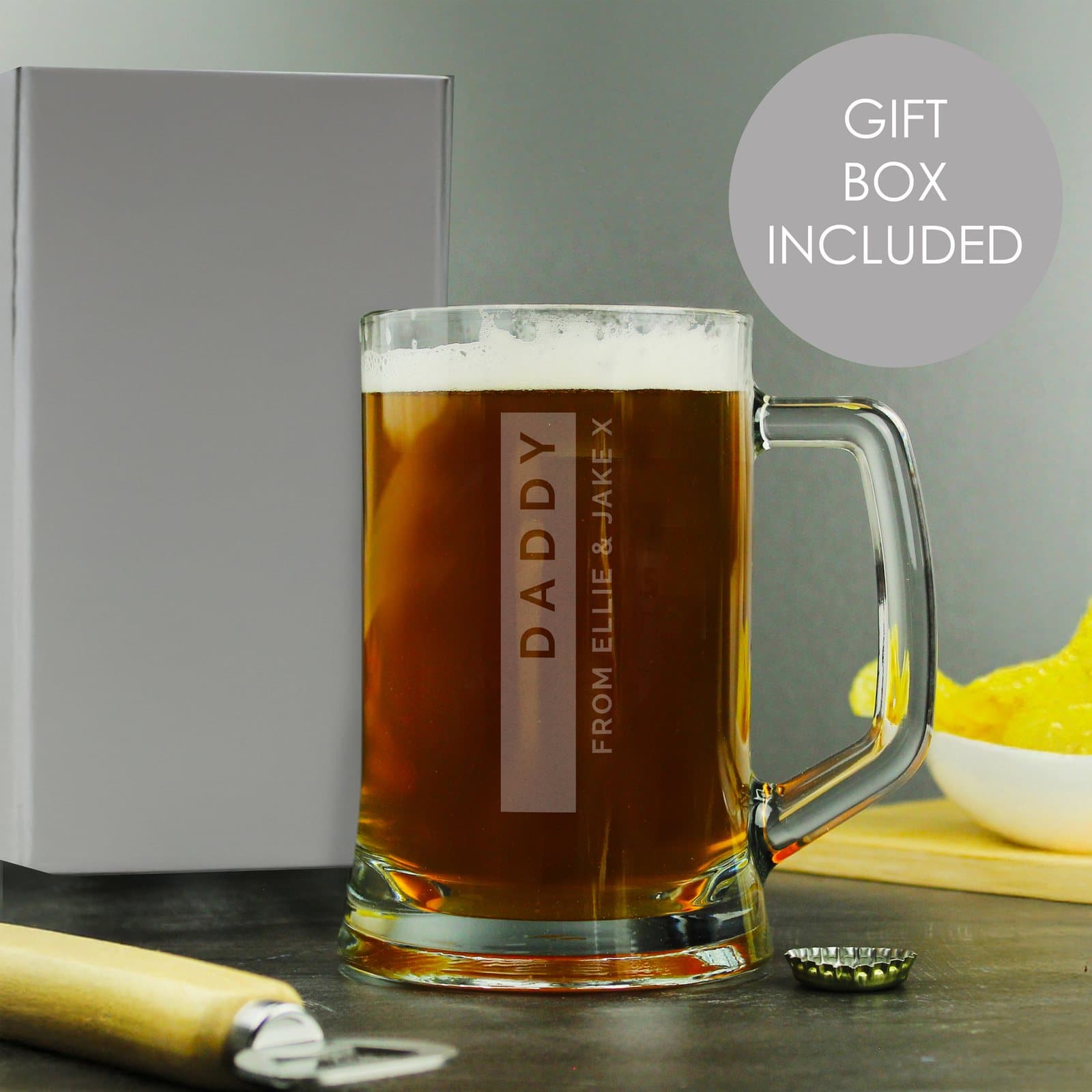 Personalised stripe pint stern glass tankard with a folding gift box