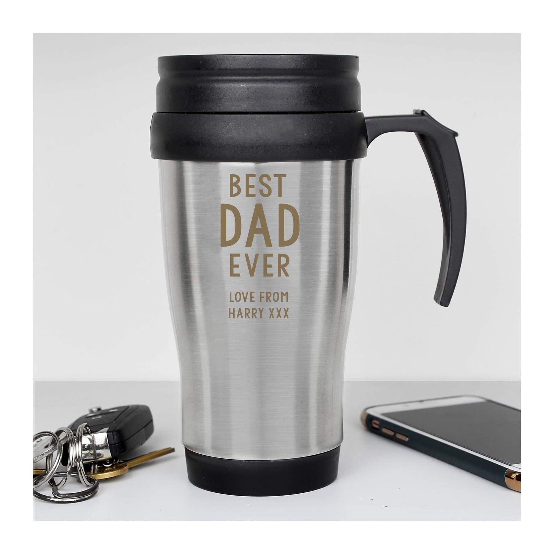 Personalised stainless steel travel mug with sliding sip cover