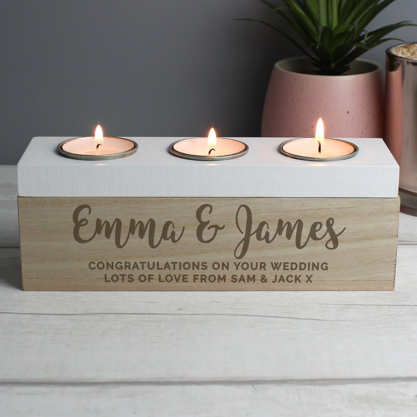 Personalised free text wooden triple tea light box with a lid for three tea lights