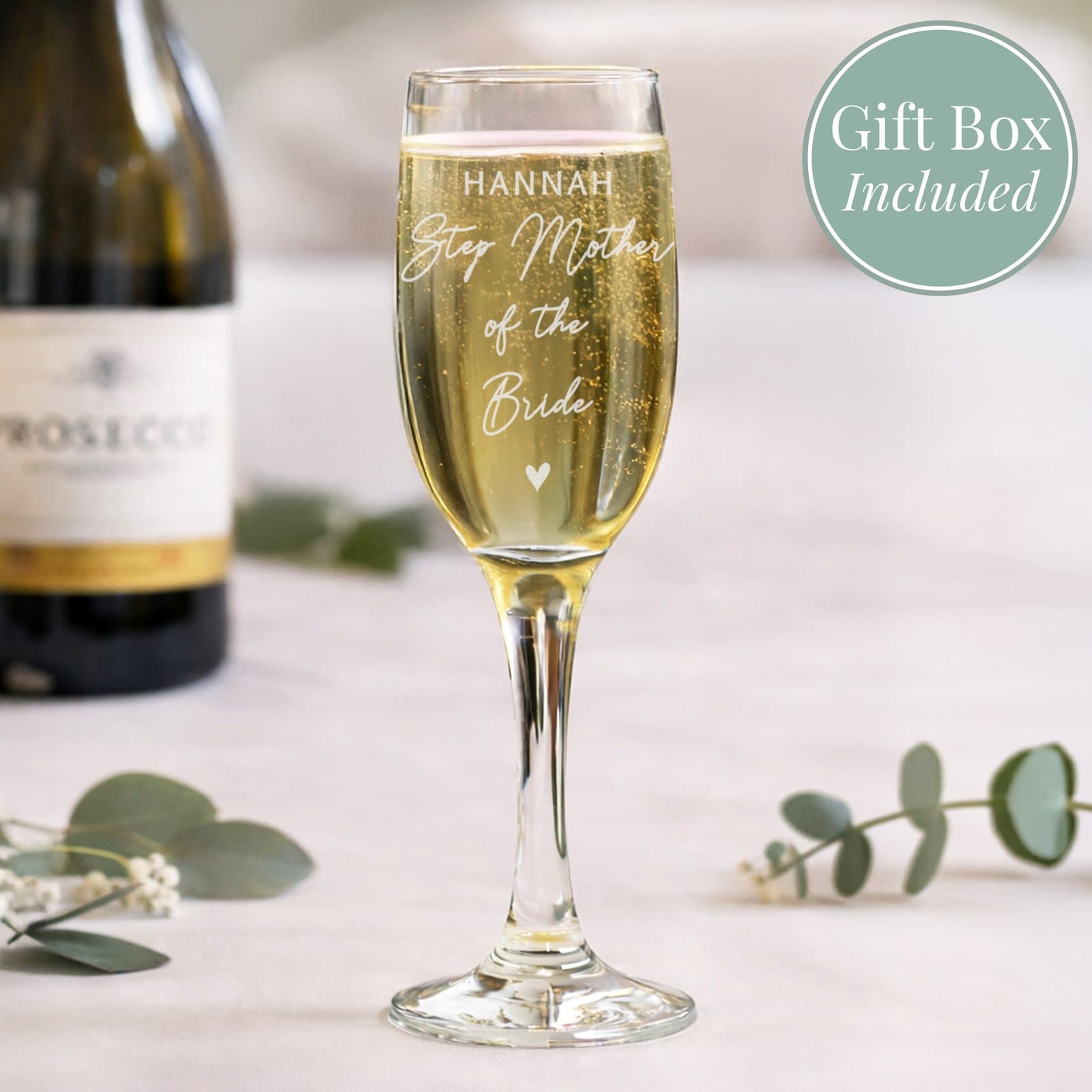 Personalised wedding flute glass with lines of text