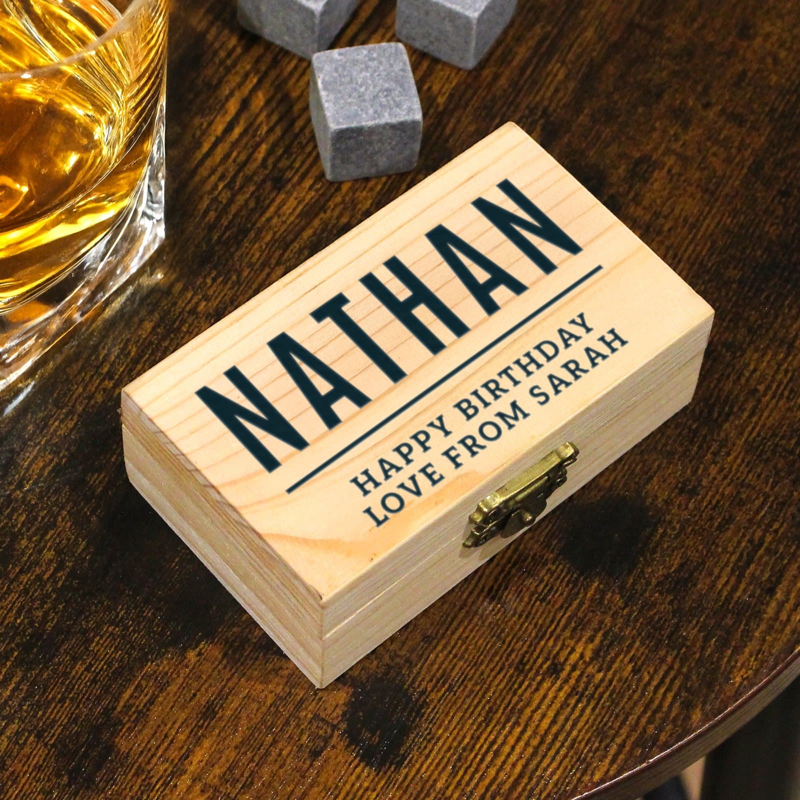 Personalised whisky stones with a wooden clasp locked box
