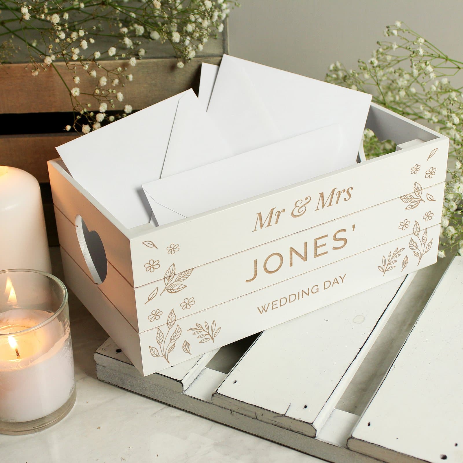 White wooden crate with heart shaped handles and personalised text