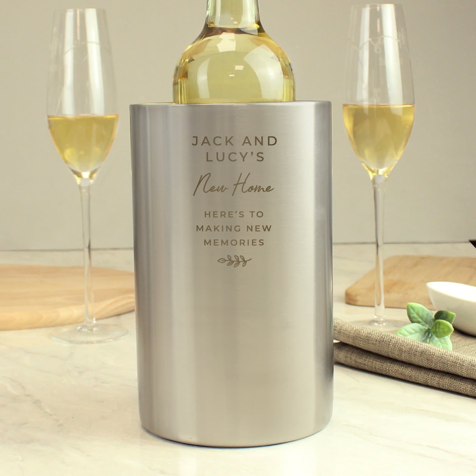 Brushed stainless steel wine cooler personalised with lines of text