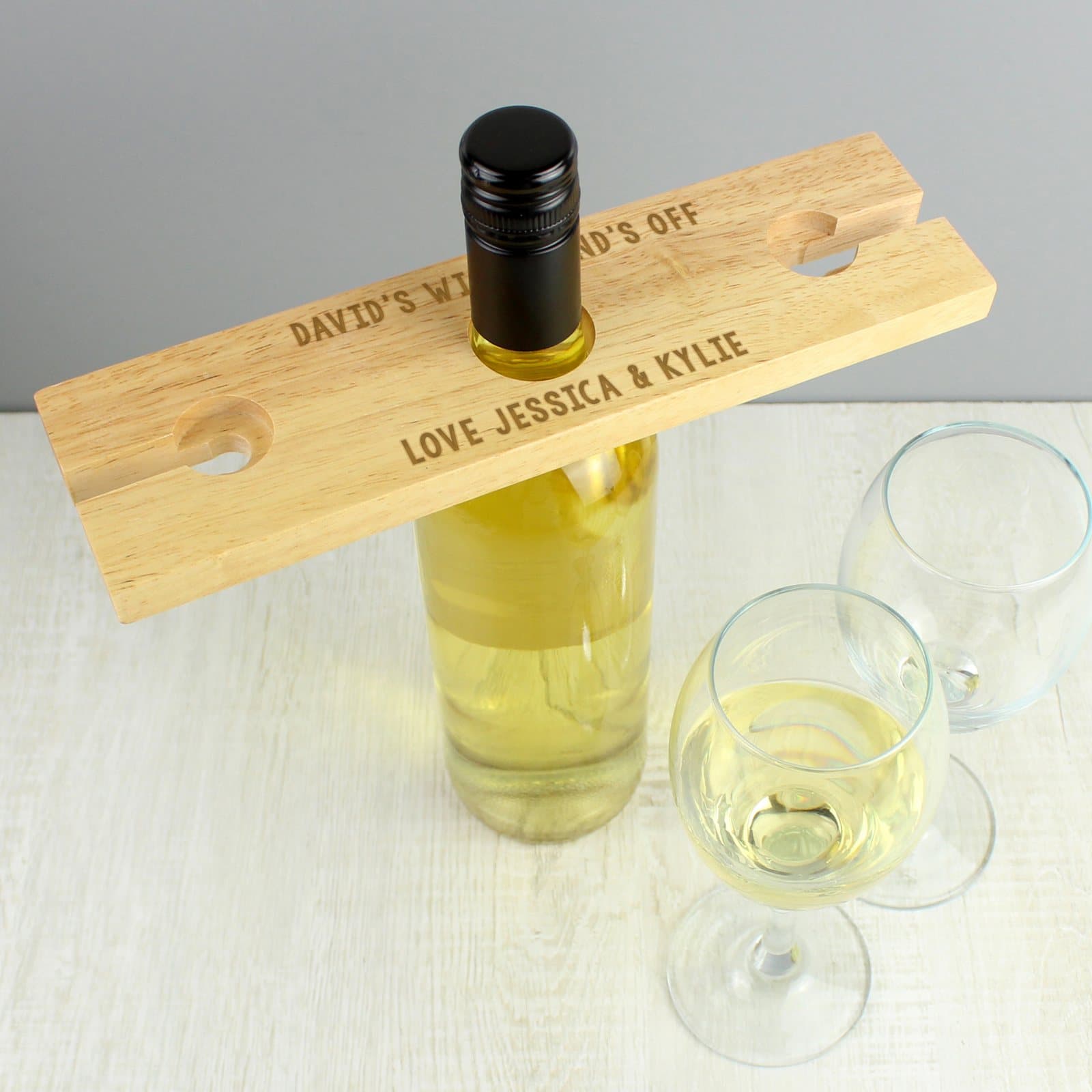 Wooden bottle and wine glass holder with personalised message