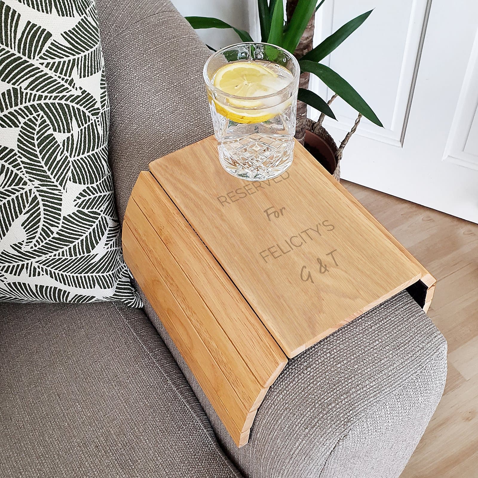 Wooden sofa tray with personalised text