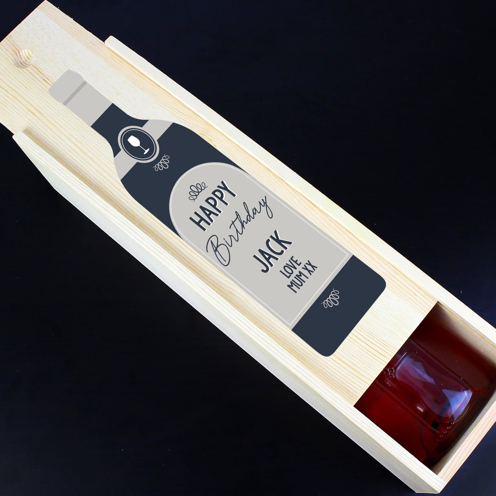Personalised wooden wine bottle box with a sliding front and string handle