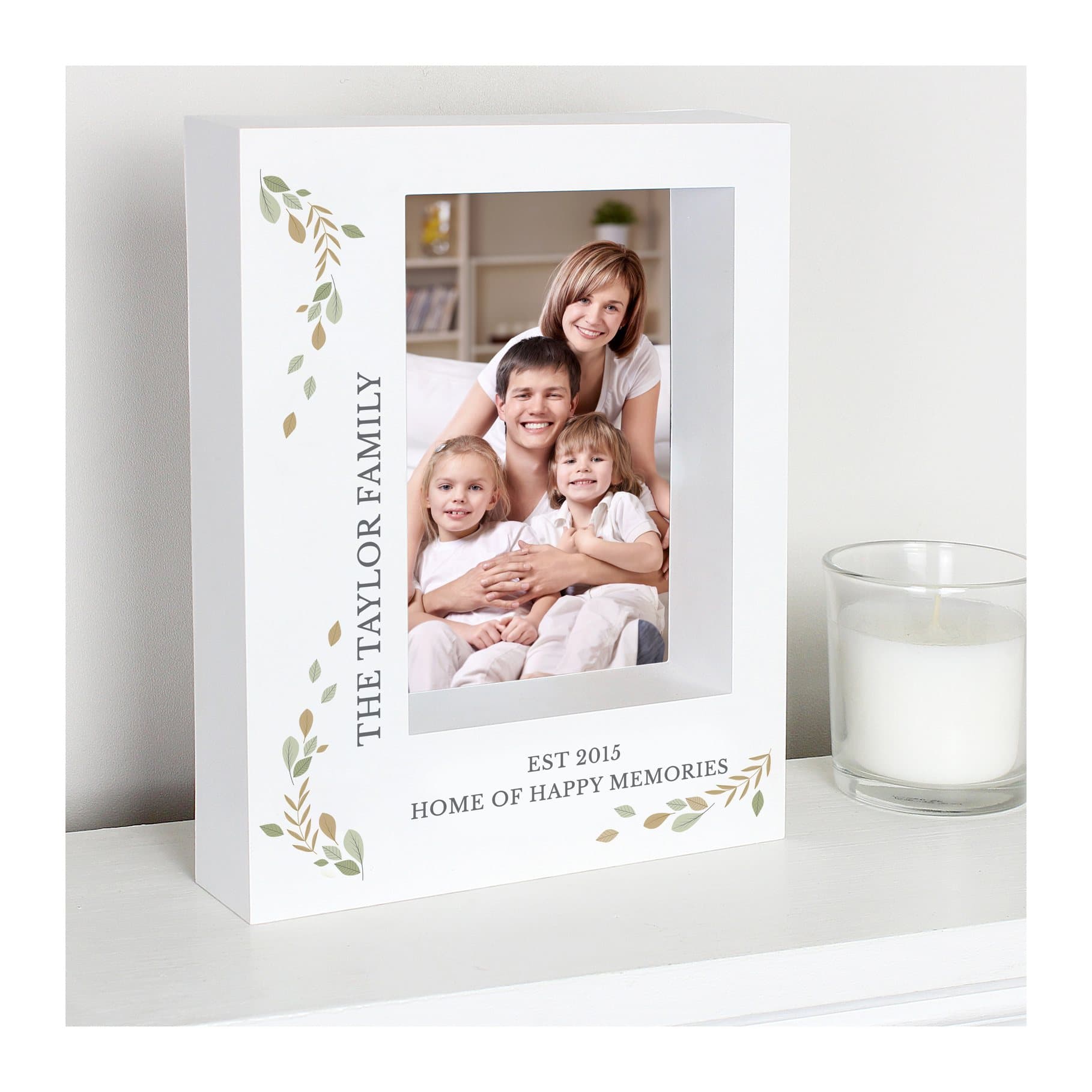 Fresh botanical box photo frame with a vertical text line and two lines under the photo